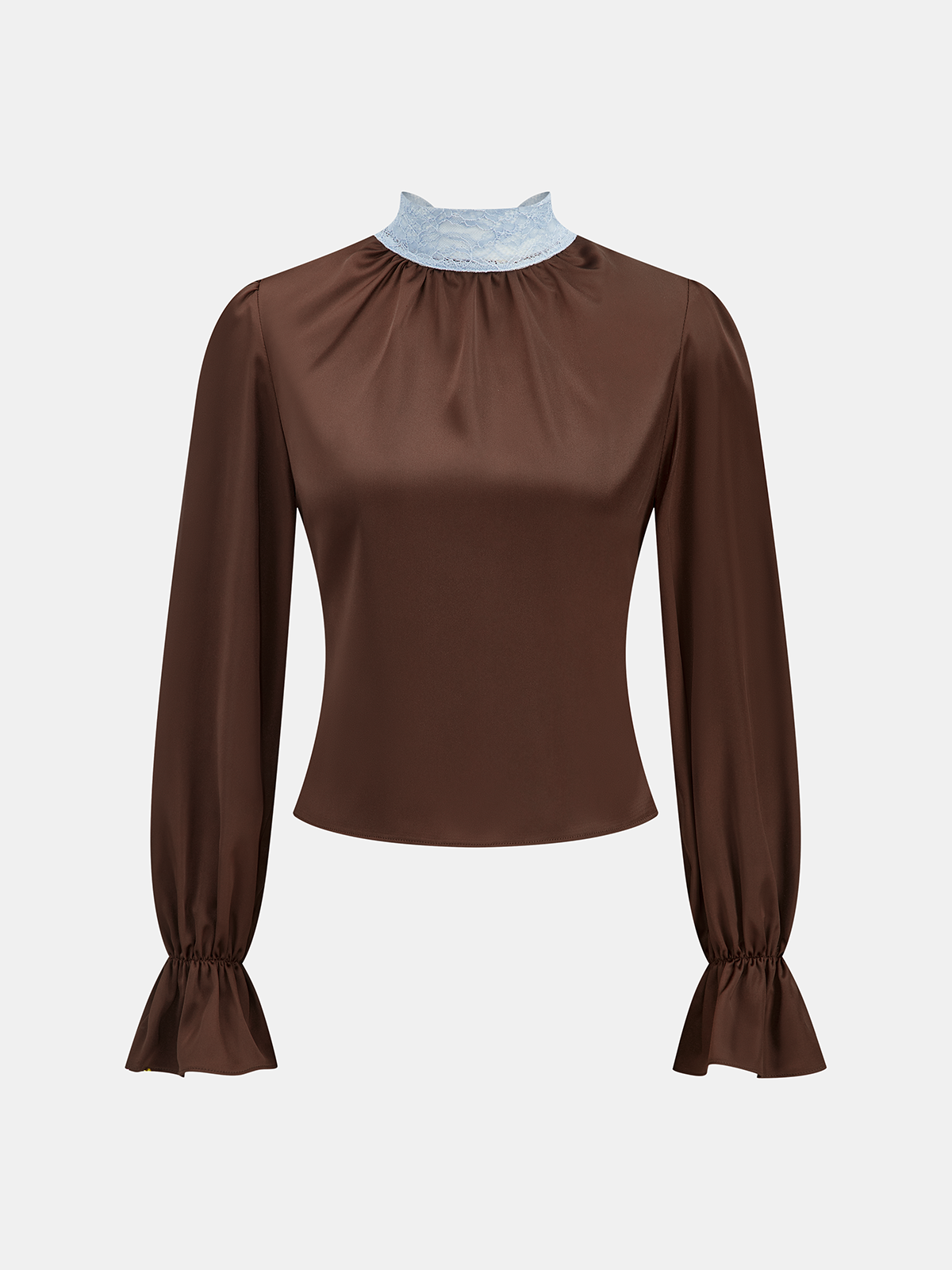 Flared Cuff Lace-Neck Satin Blouse-Chicvia