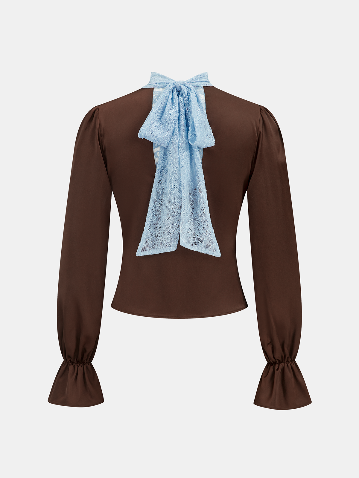 Flared Cuff Lace-Neck Satin Blouse-Chicvia