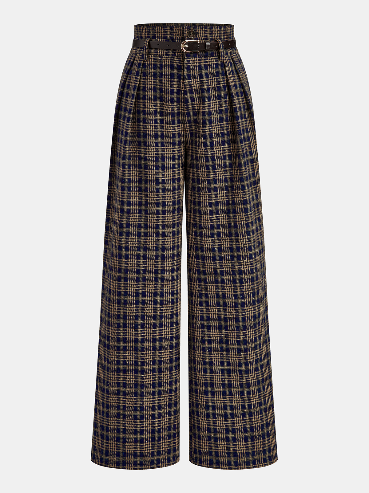 Belted Plaid High-Waisted Pants-Chicvia