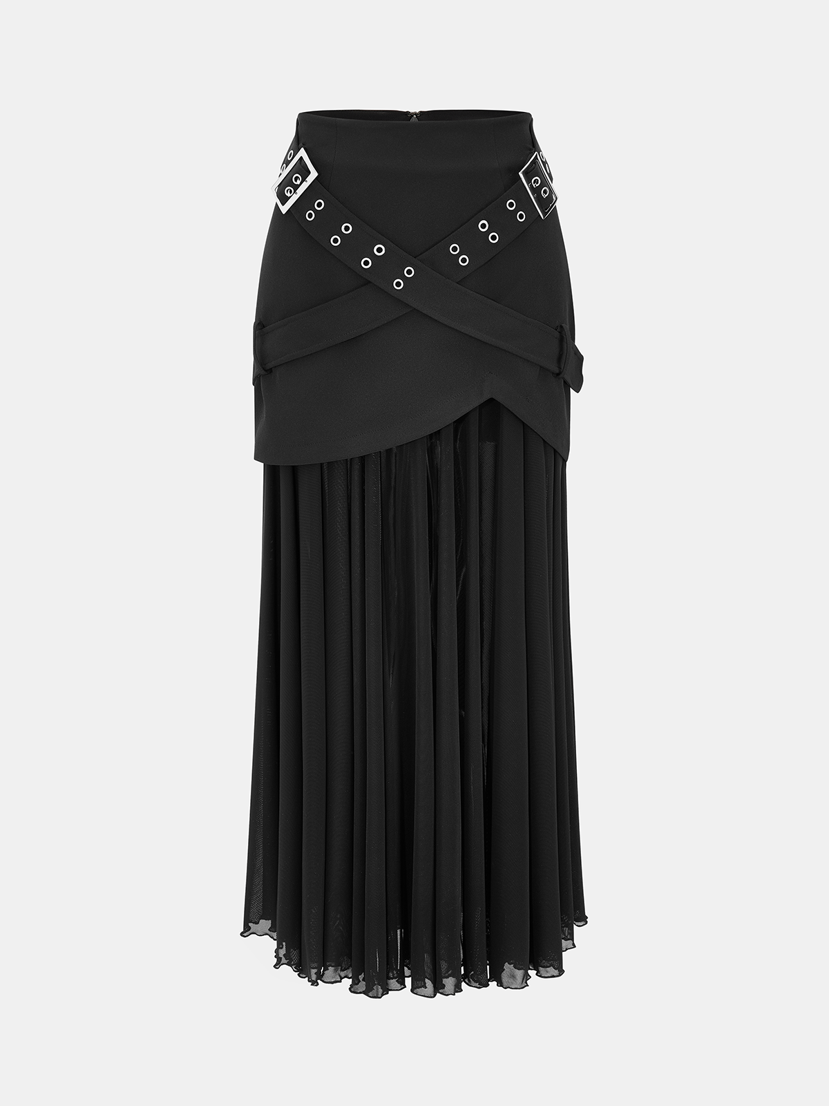 Belted Overlay Chiffon Pleated Asymmetrical Maxi Skirt-Chicvia