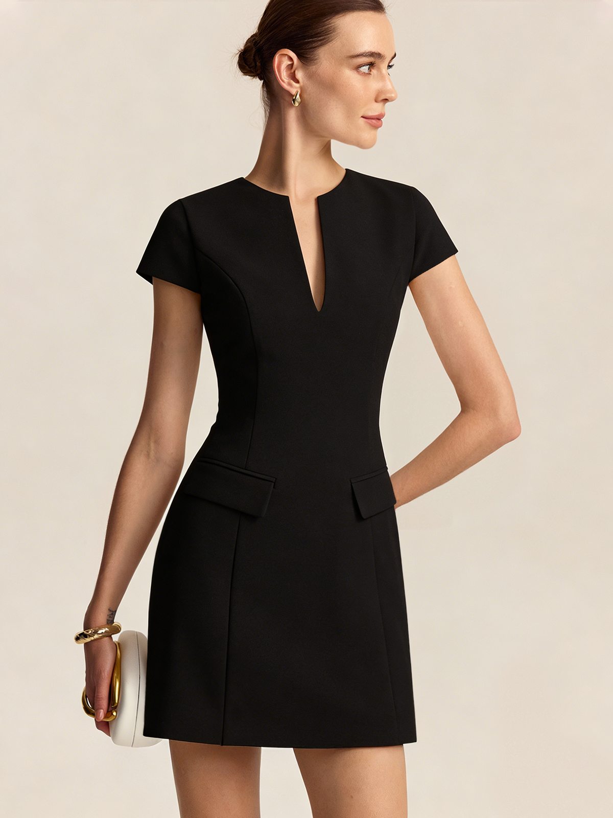 Keyhole Neckline Short Sleeve Mini Dress-Chicvia