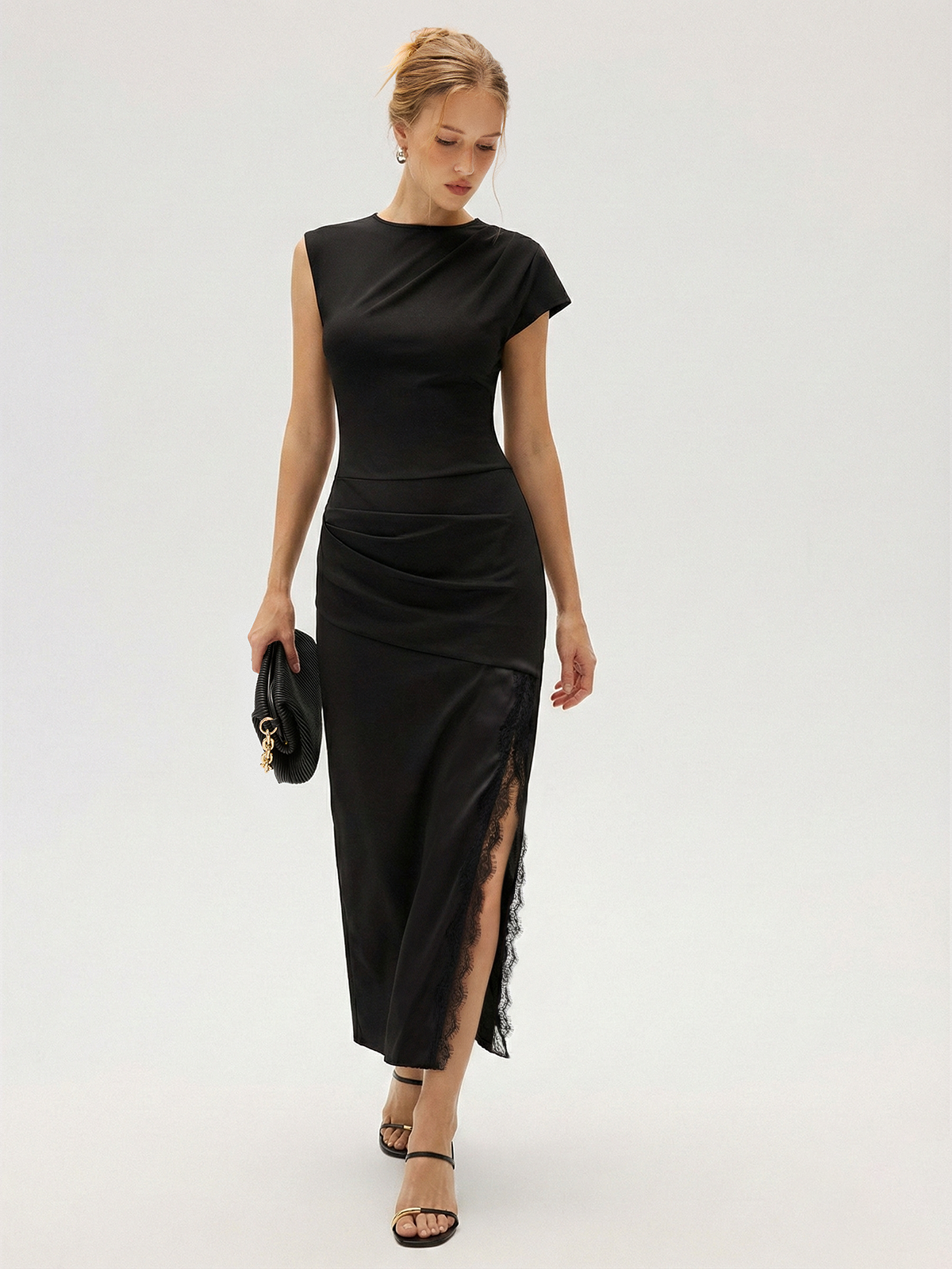 Lace Trim Ruched Slit Satin Midi Dress-Chicvia