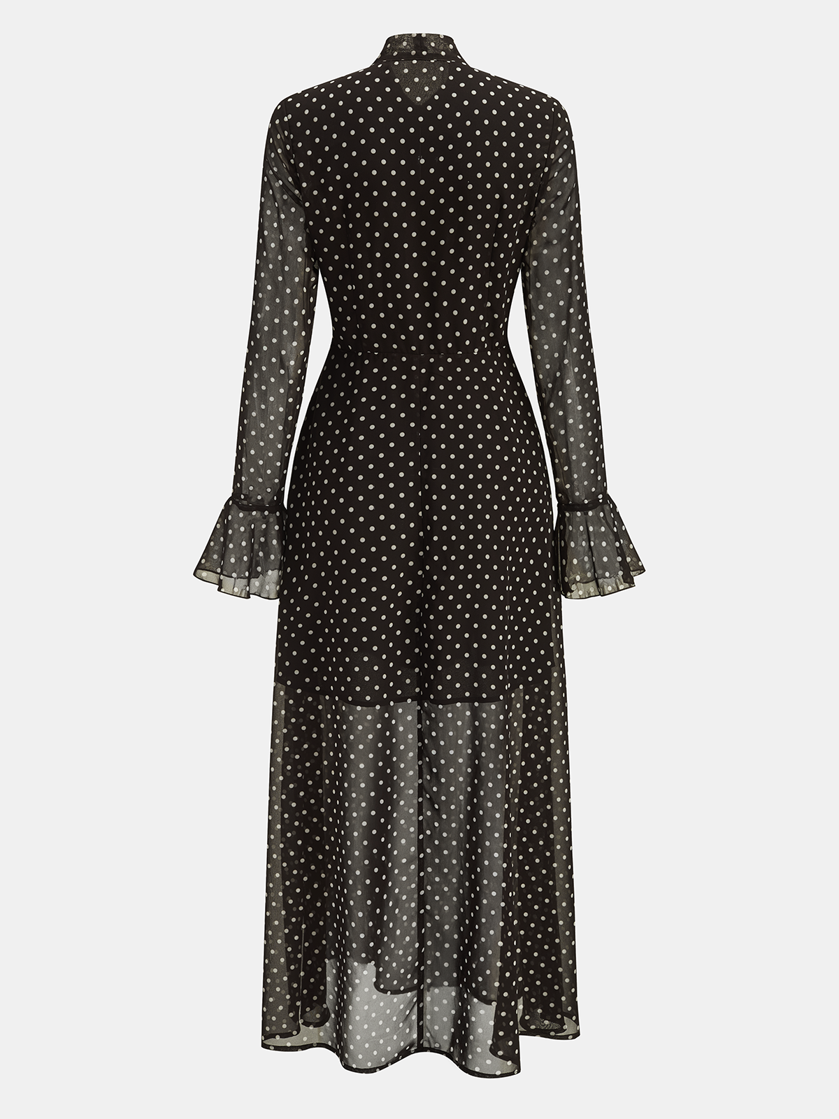 Polka Dot Chiffon Tie-Neck Flared Cuff Maxi Dress-Chicvia