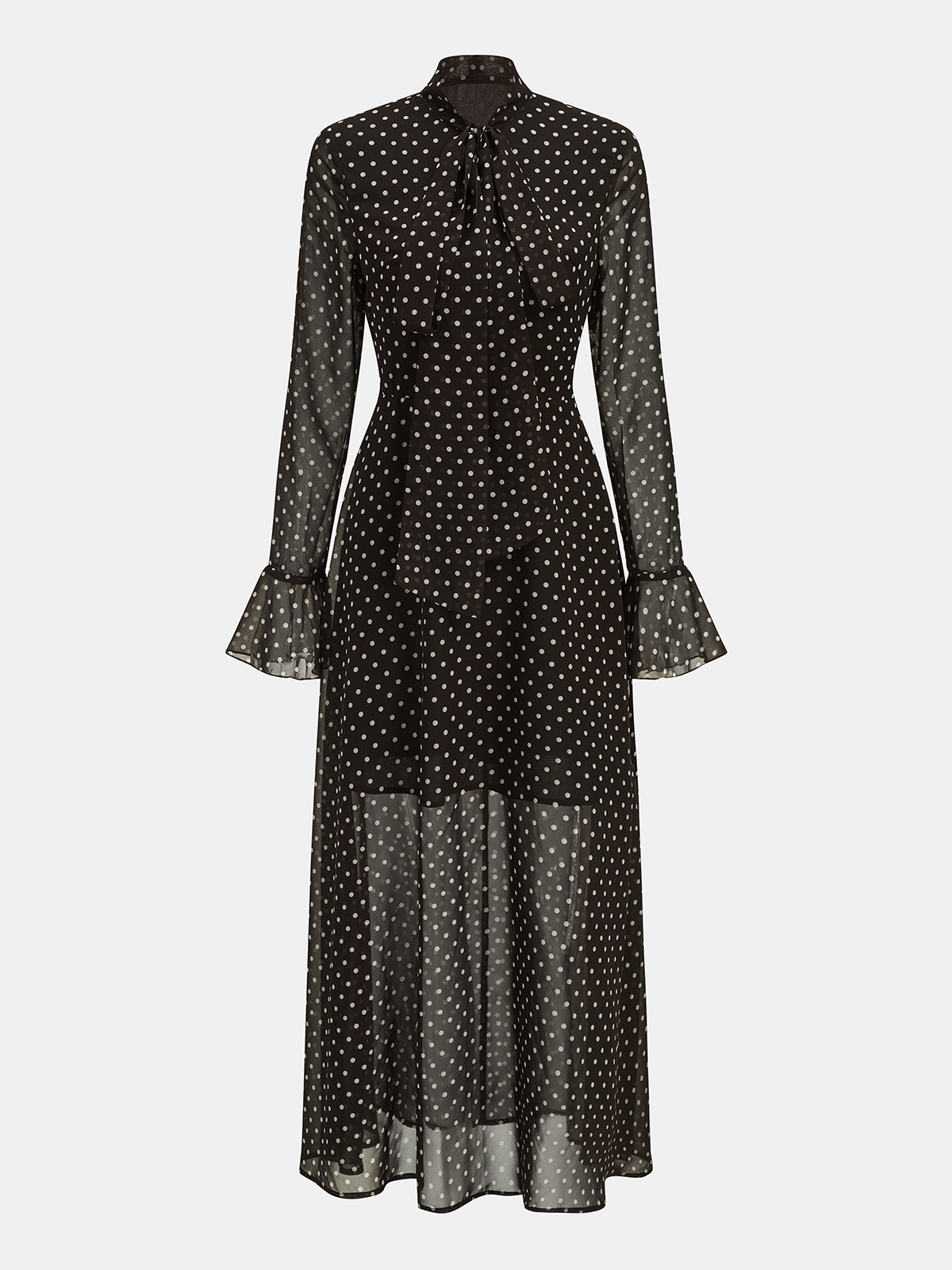 Polka Dot Chiffon Tie-Neck Flared Cuff Maxi Dress-Chicvia