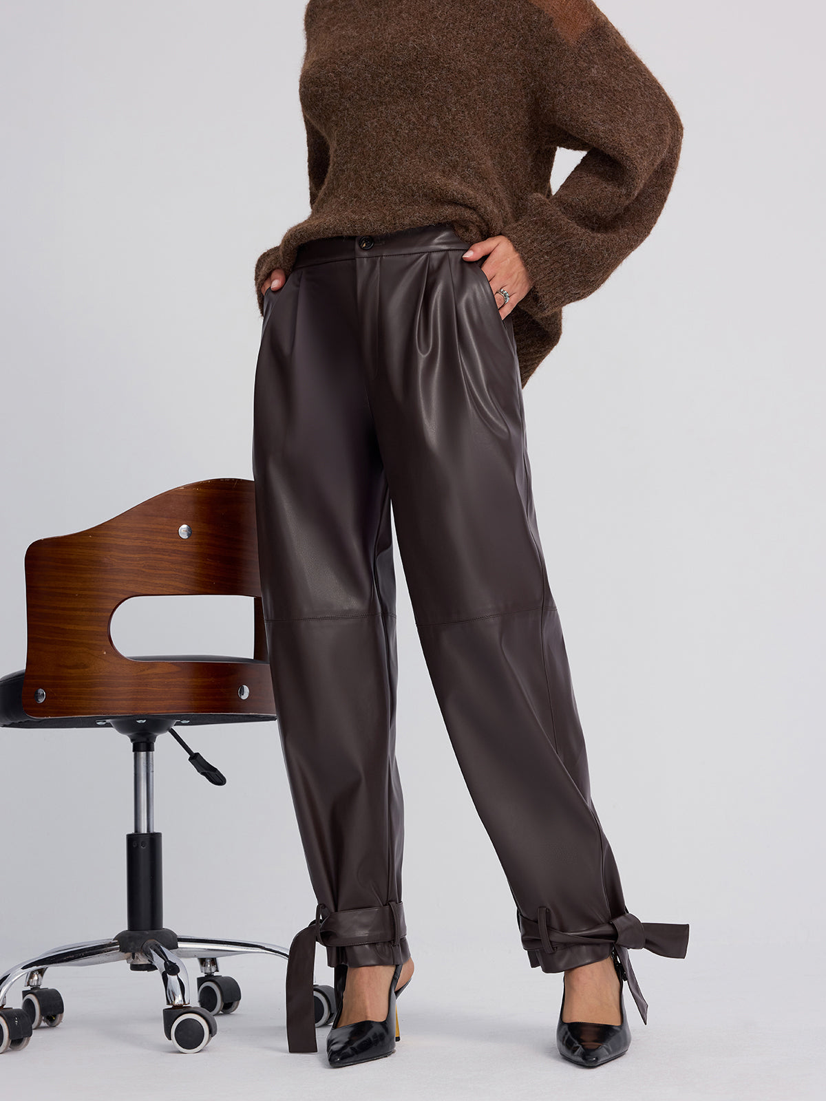 Cuff-Tie Faux Leather Tapered Pants-Chicvia