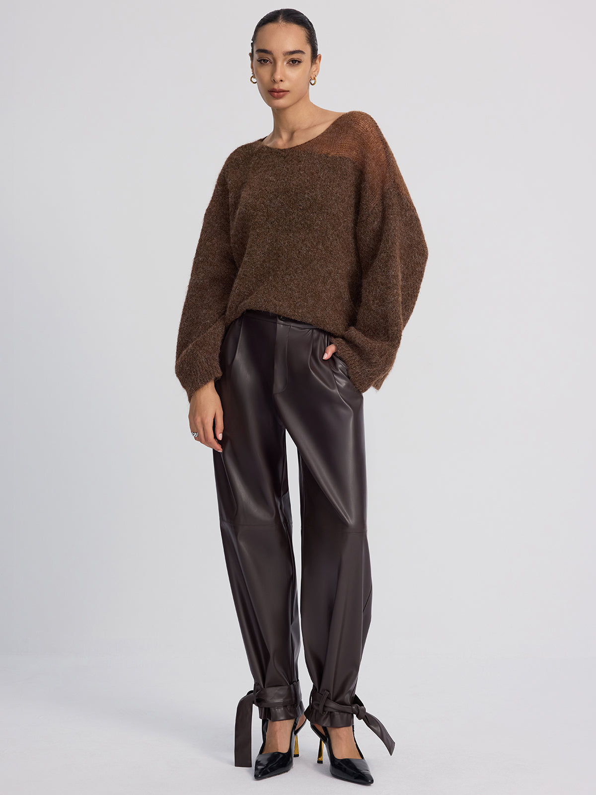 Cuff-Tie Faux Leather Tapered Pants-Chicvia