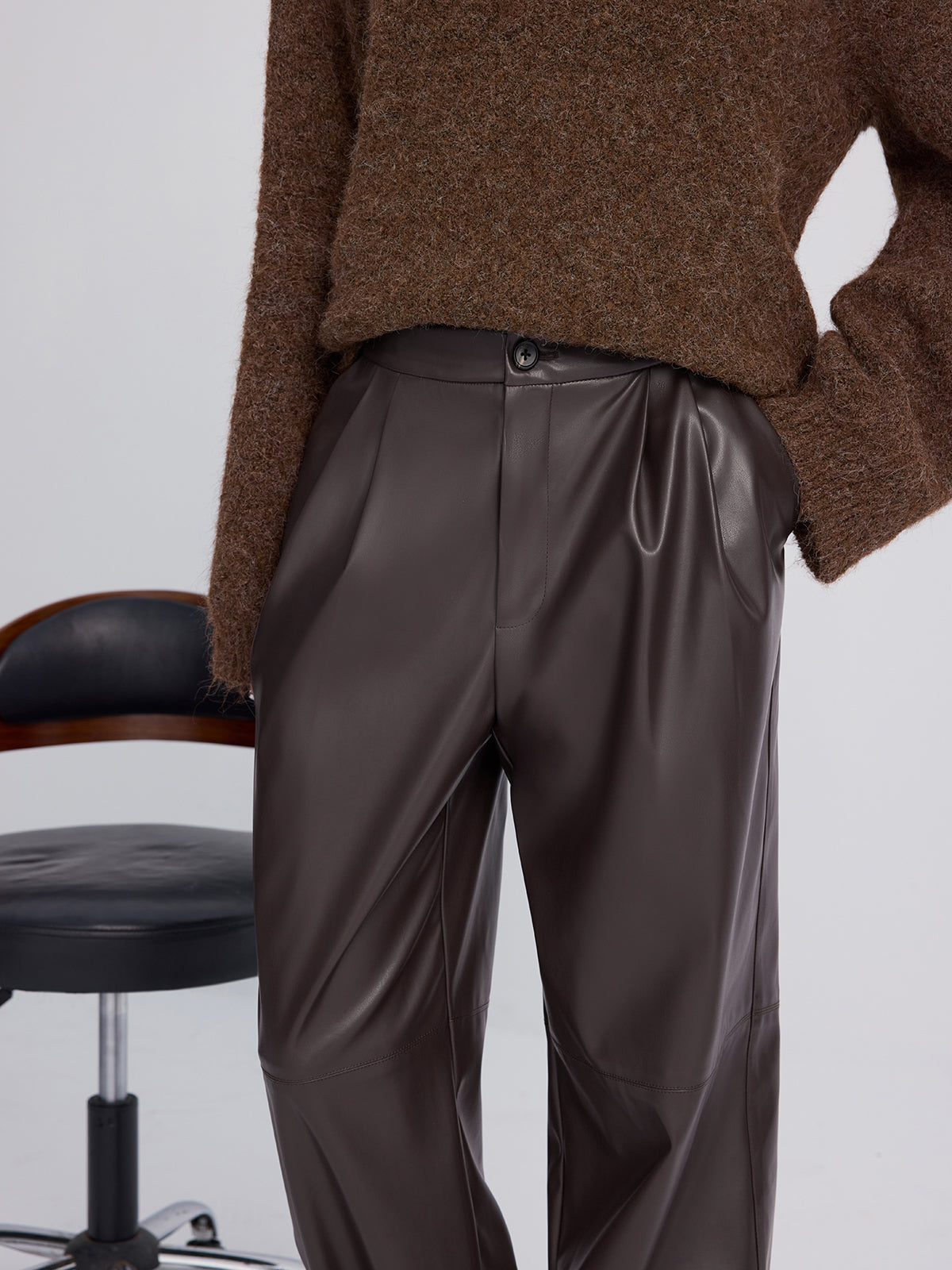 Cuff-Tie Faux Leather Tapered Pants-Chicvia