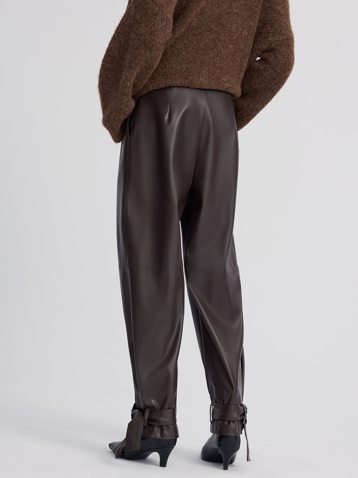 Cuff-Tie Faux Leather Tapered Pants-Chicvia