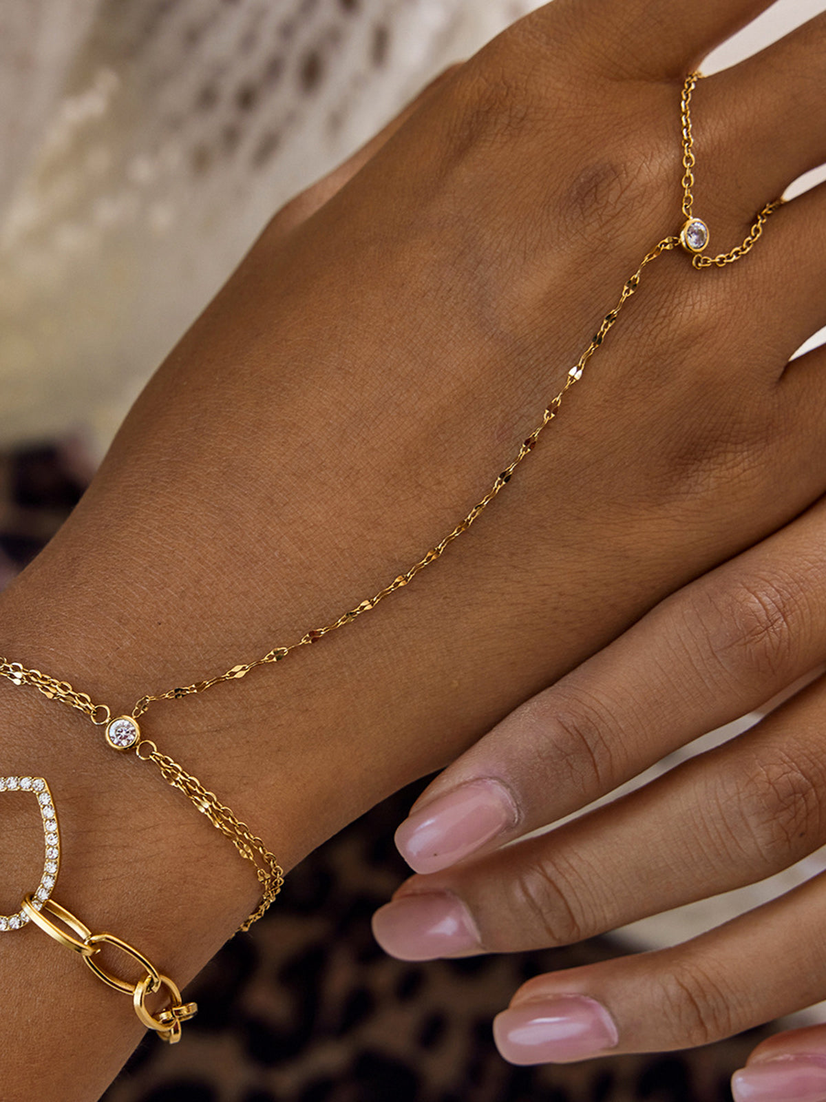 Crystal Detail Chain Finger Bracelet-Chicvia