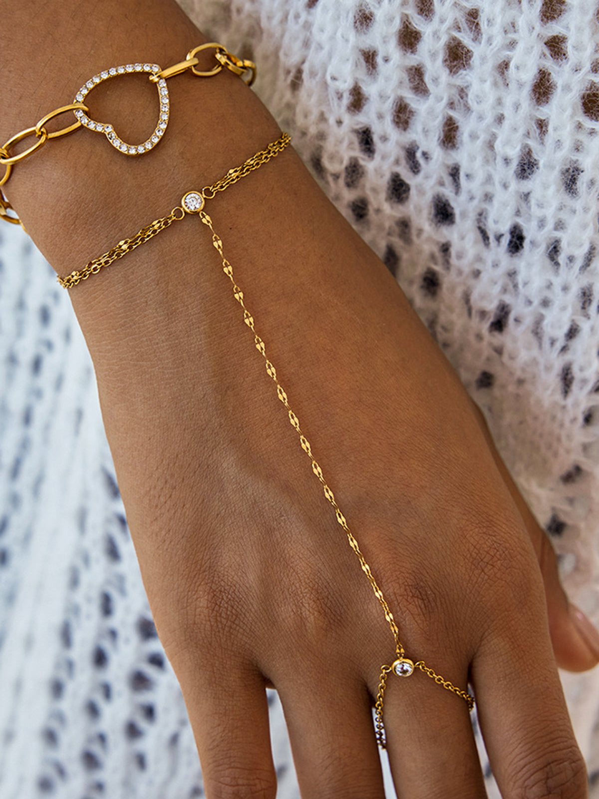 Crystal Detail Chain Finger Bracelet-Chicvia