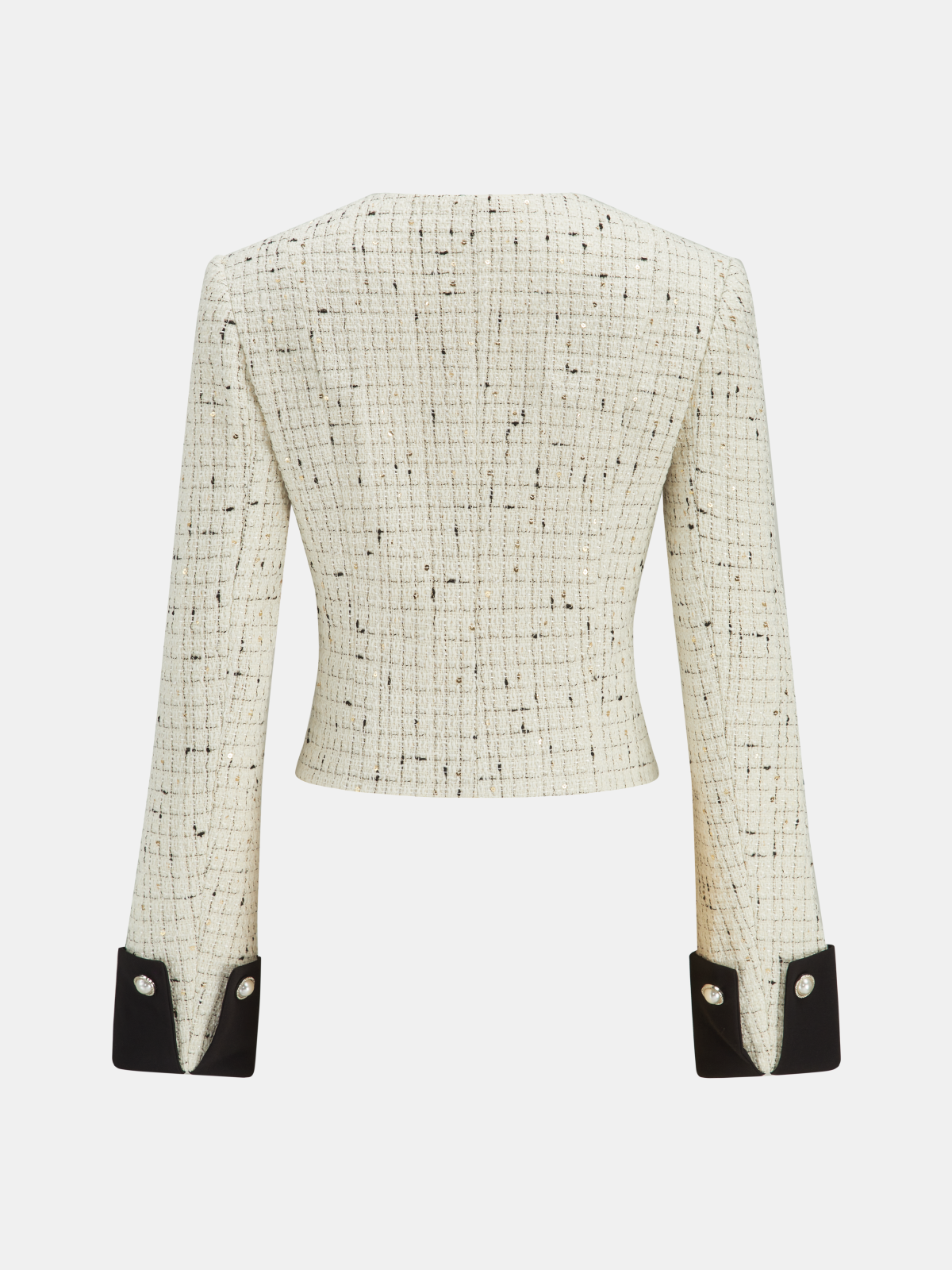 Contrast Cuff Pearl Button Tweed Jacket-Chicvia
