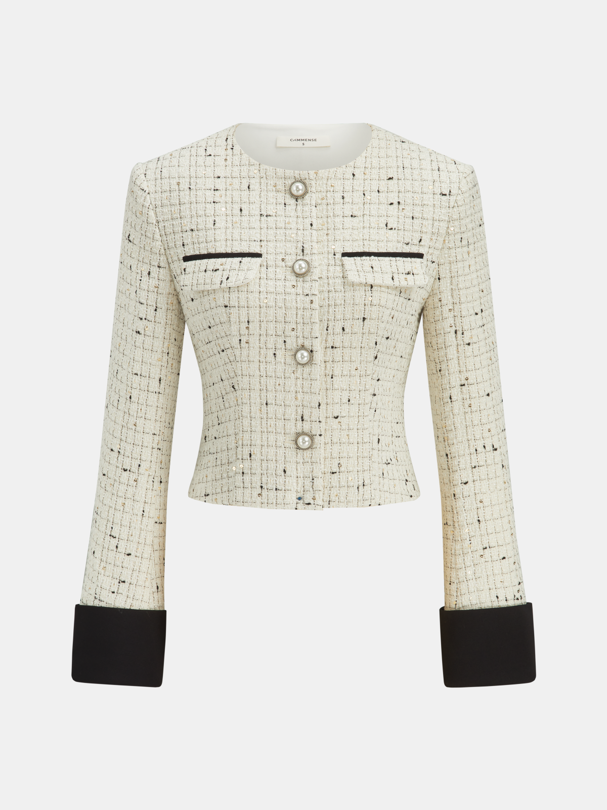 Contrast Cuff Pearl Button Tweed Jacket-Chicvia