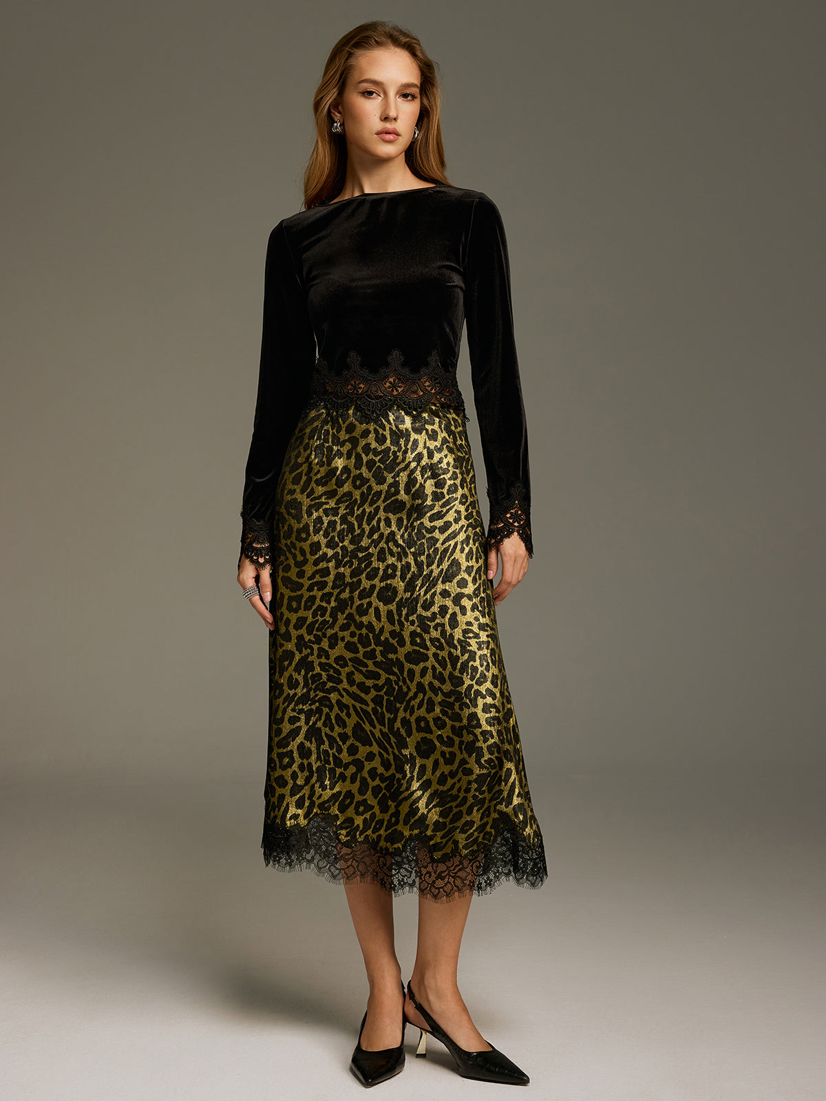 Leopard-Print Lace-Trimmed Midi Skirt-Chicvia