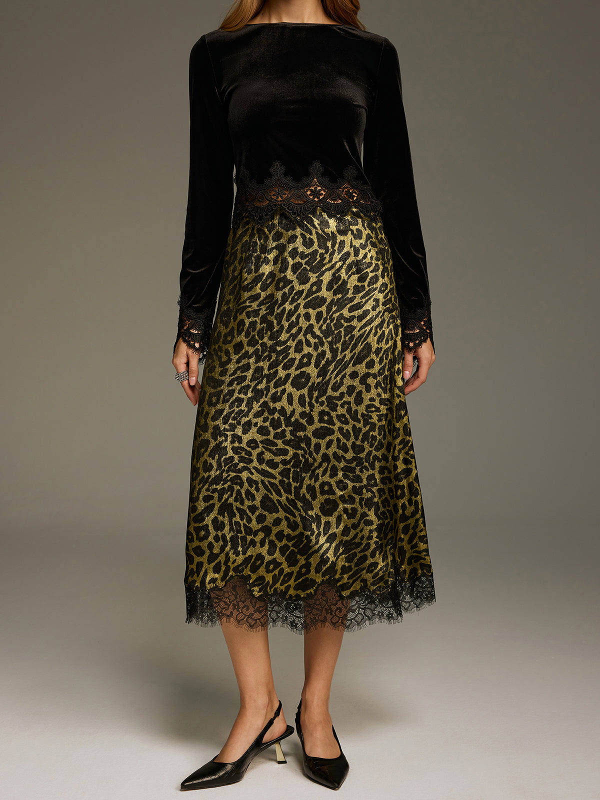 Leopard-Print Lace-Trimmed Midi Skirt-Chicvia