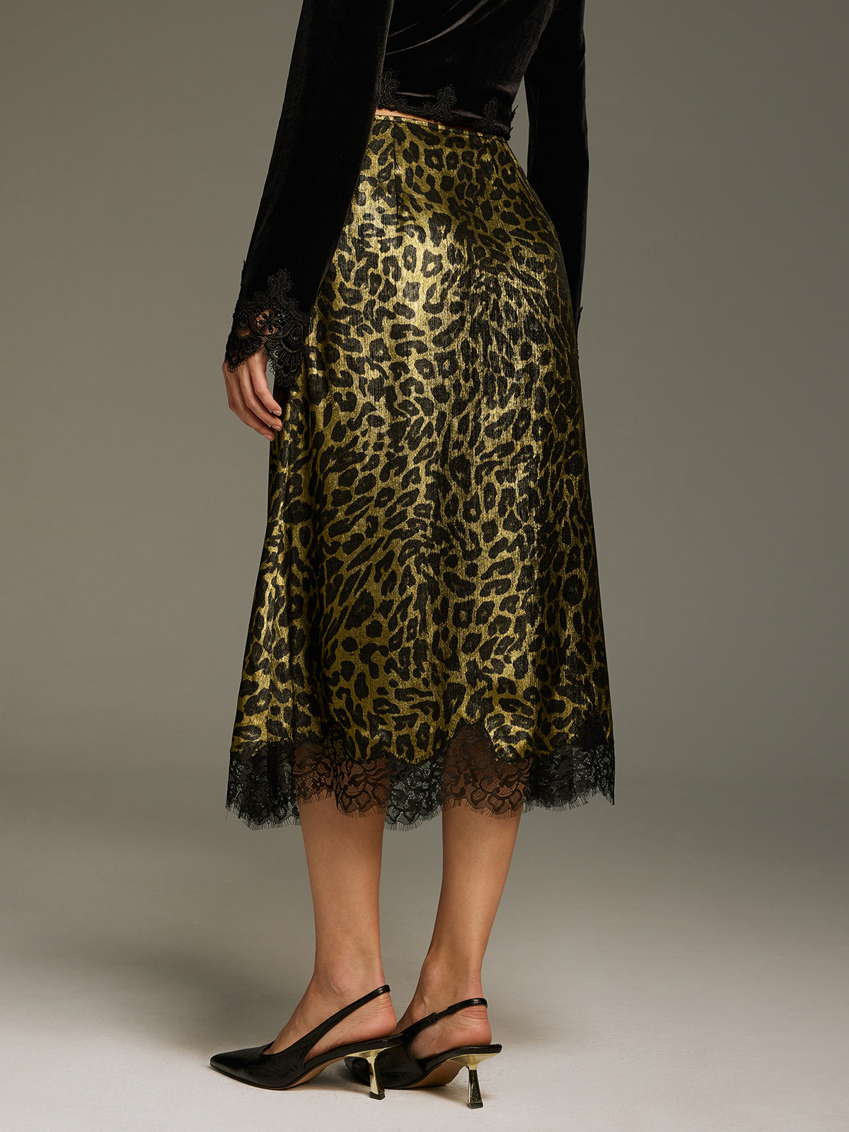 Leopard-Print Lace-Trimmed Midi Skirt-Chicvia