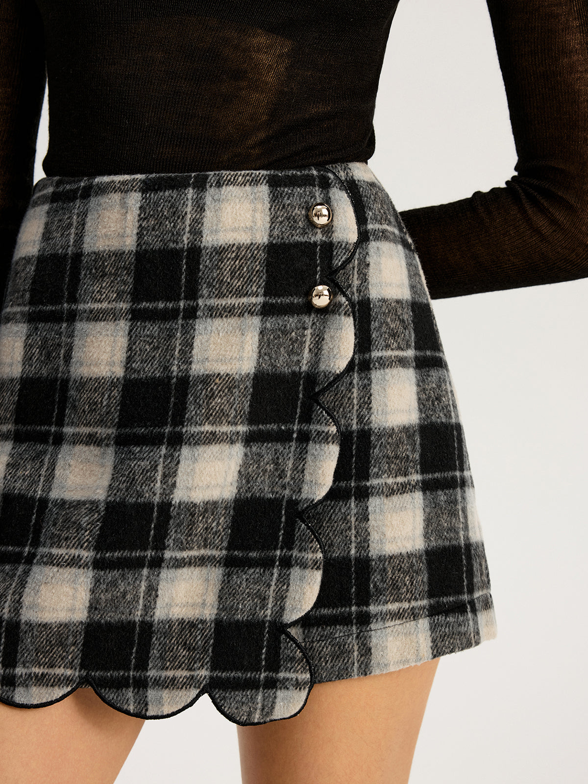 Checkered Scallop Trim Skirt-Chicvia