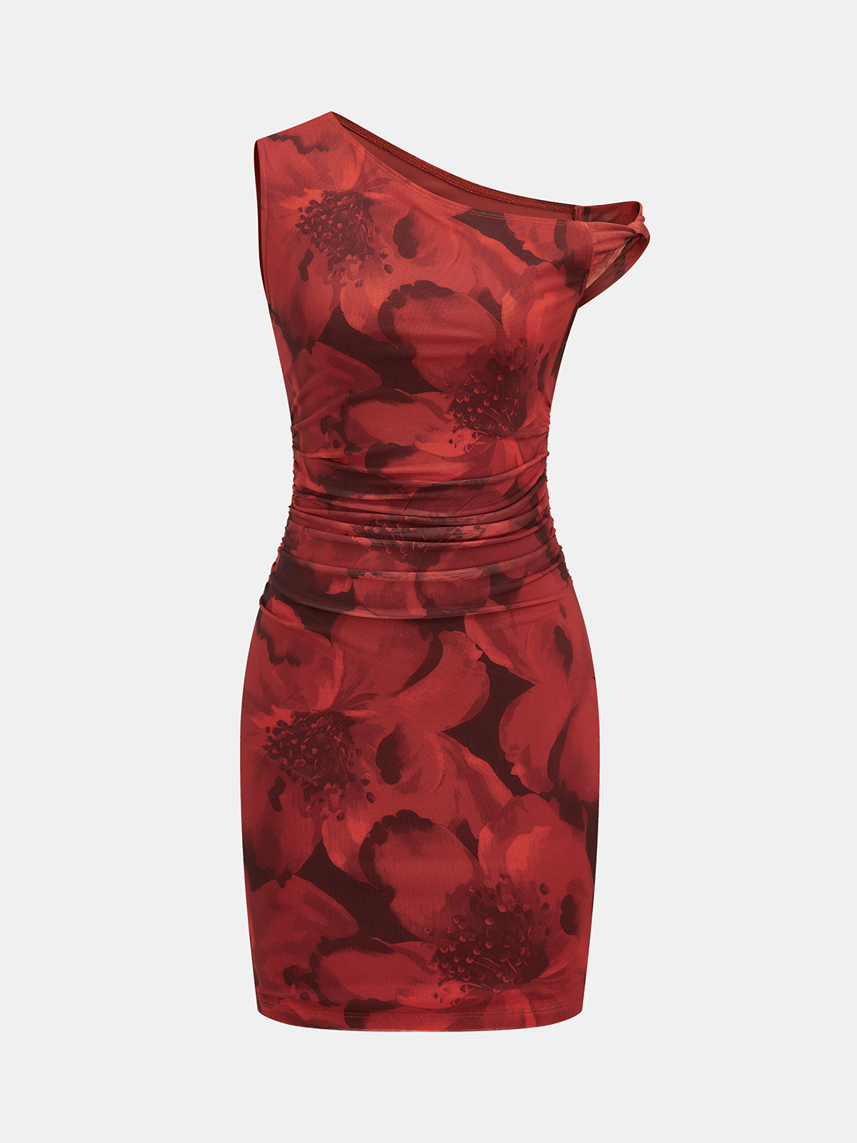 Floral Print One-Shoulder Ruched Bodycon Dress-Chicvia