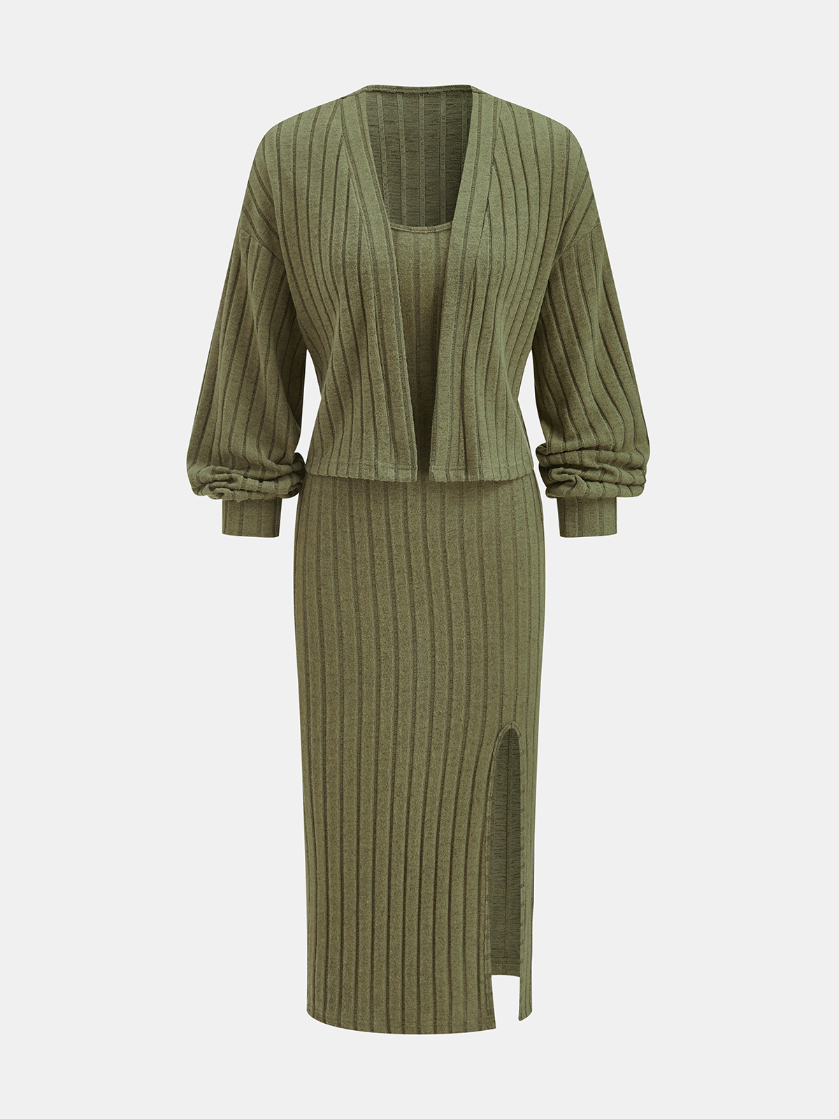 Cardigan & Slit Cami Midi Dress Two-Piece Set-Chicvia