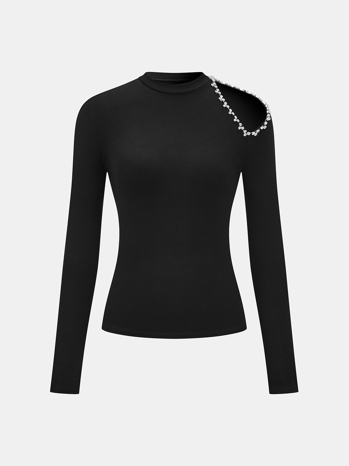 Crystal Detail Cold Shoulder Long-Sleeve Top-Chicvia