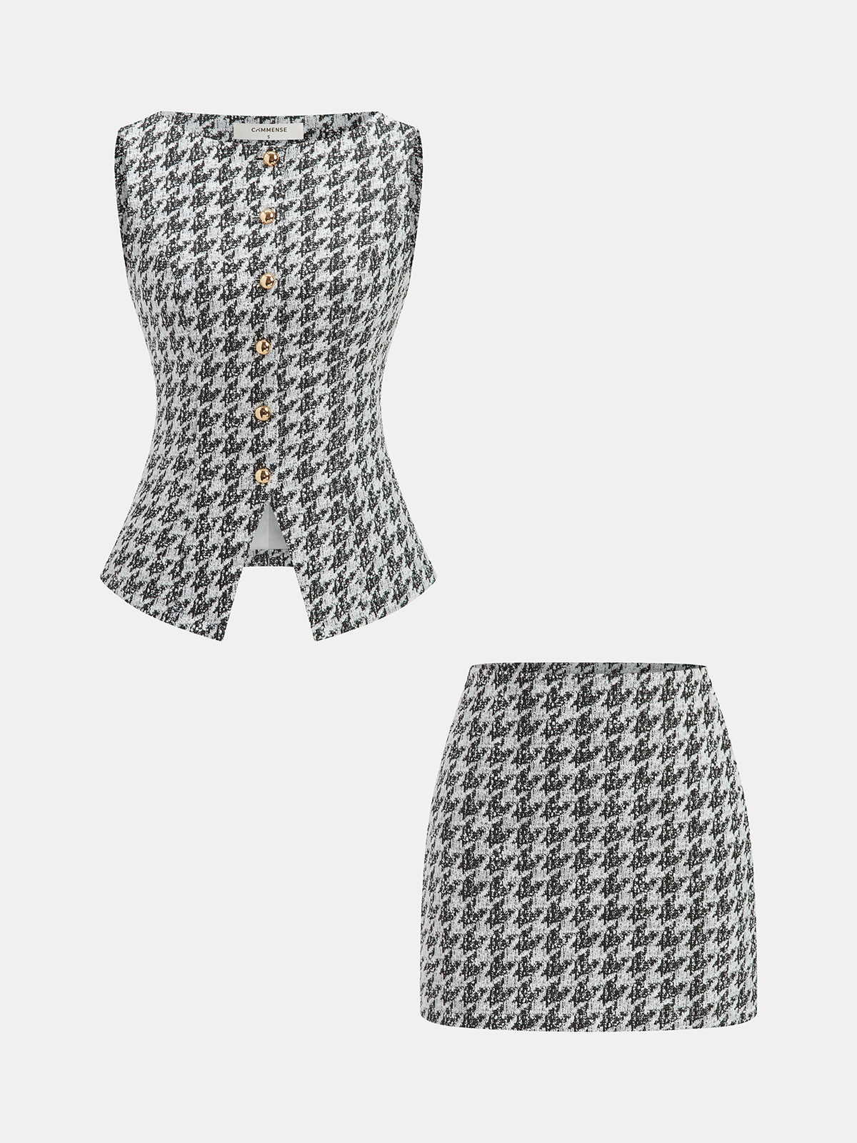 Metal Button Houndstooth Vest & Mini Skirt Set-Chicvia