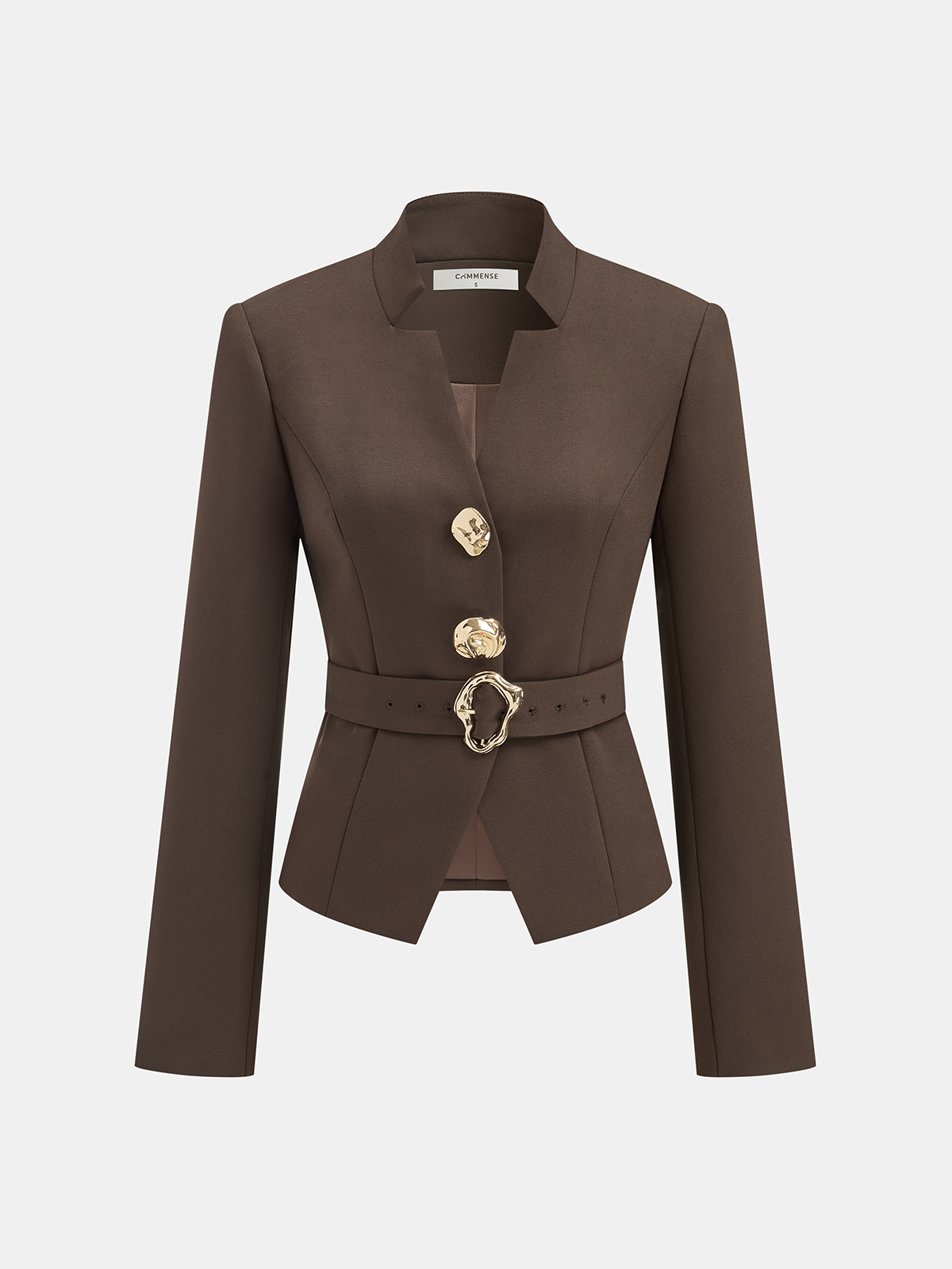Metal Button Stand Collar Belted Blazer-Chicvia