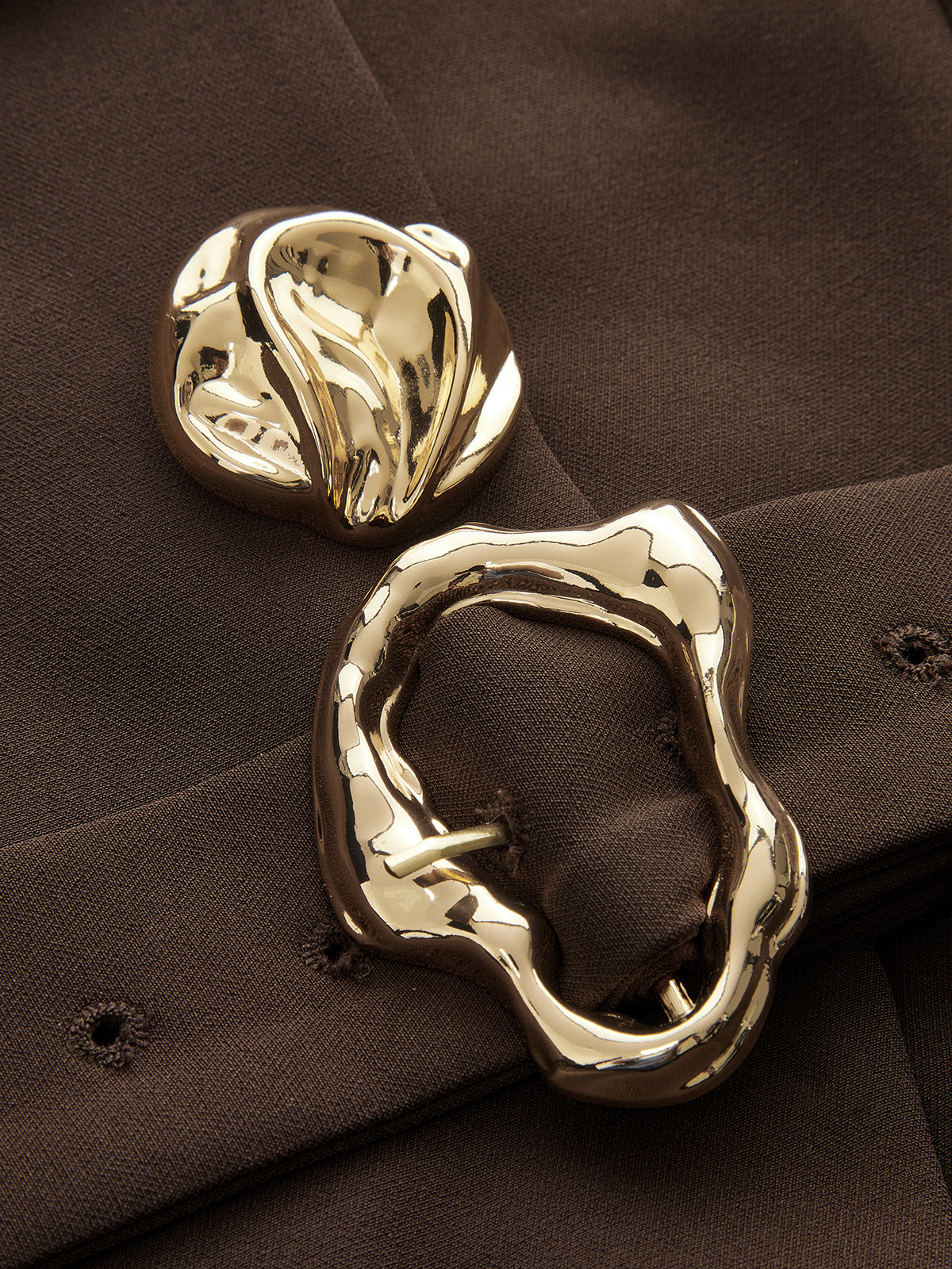 Metal Button Stand Collar Belted Blazer-Chicvia