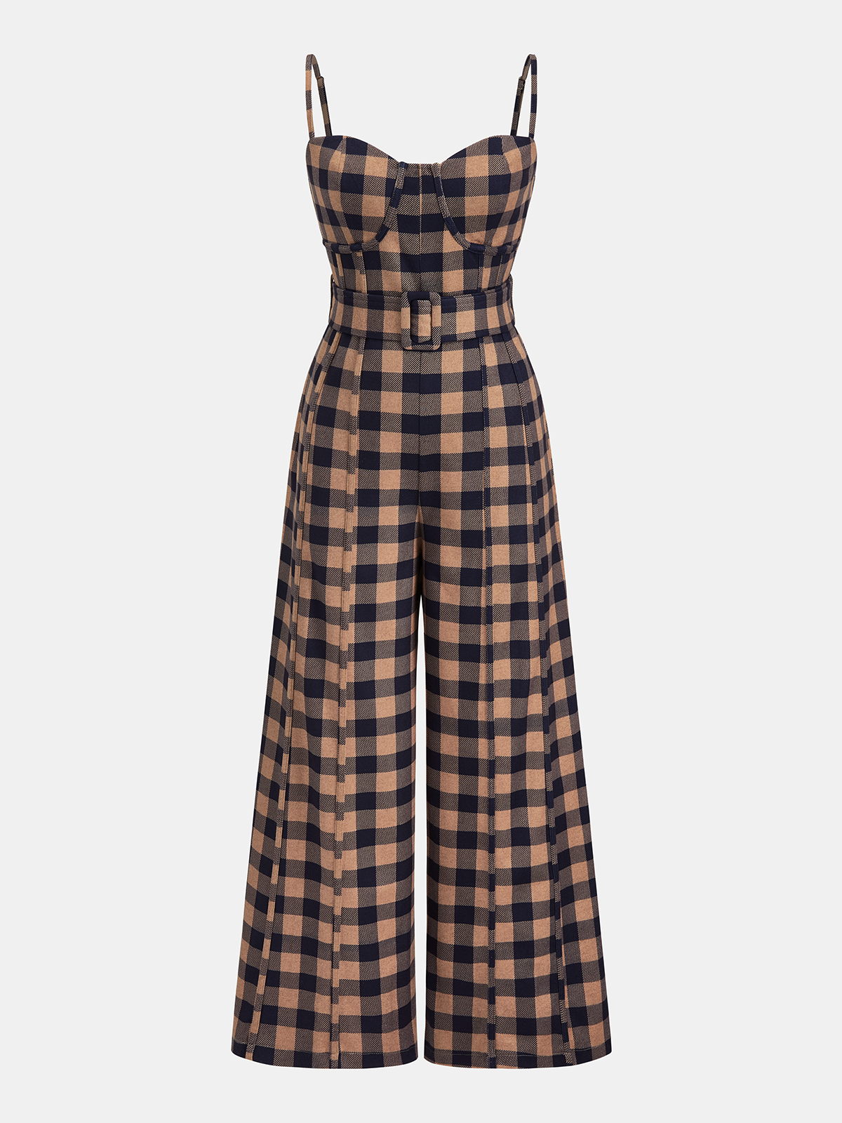 Plaid Belted Wide-Leg Cami Jumpsuit-Chicvia