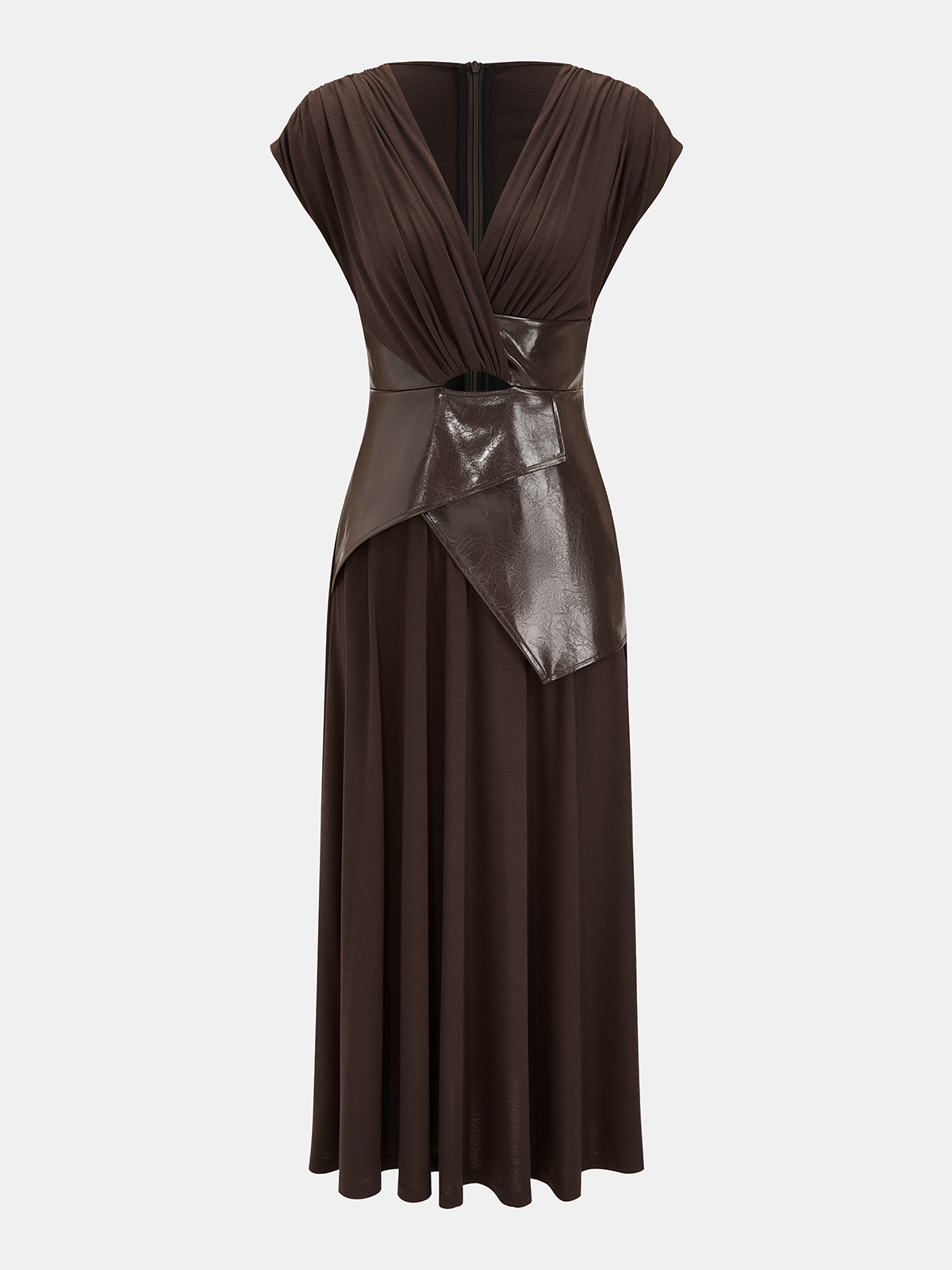 Faux Leather Panel Ruched Sleeveless Midi Dress-Chicvia