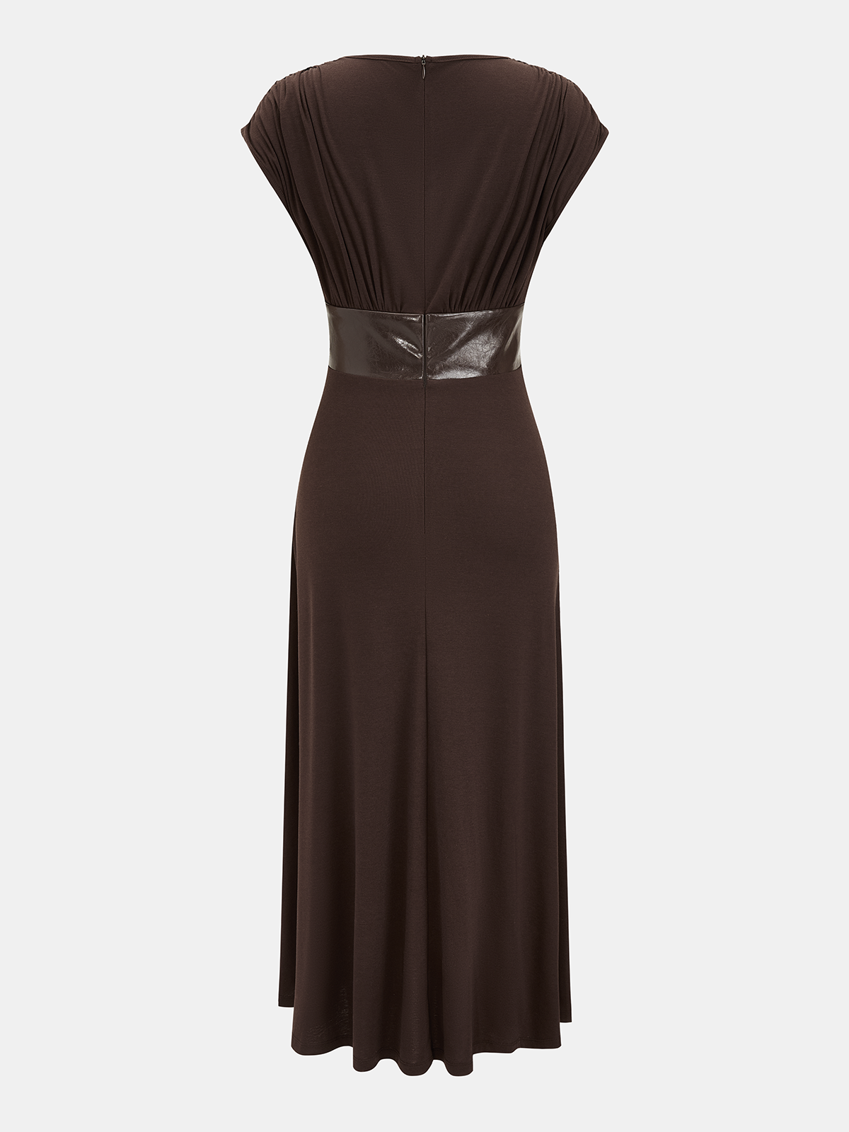 Faux Leather Panel Ruched Sleeveless Midi Dress-Chicvia