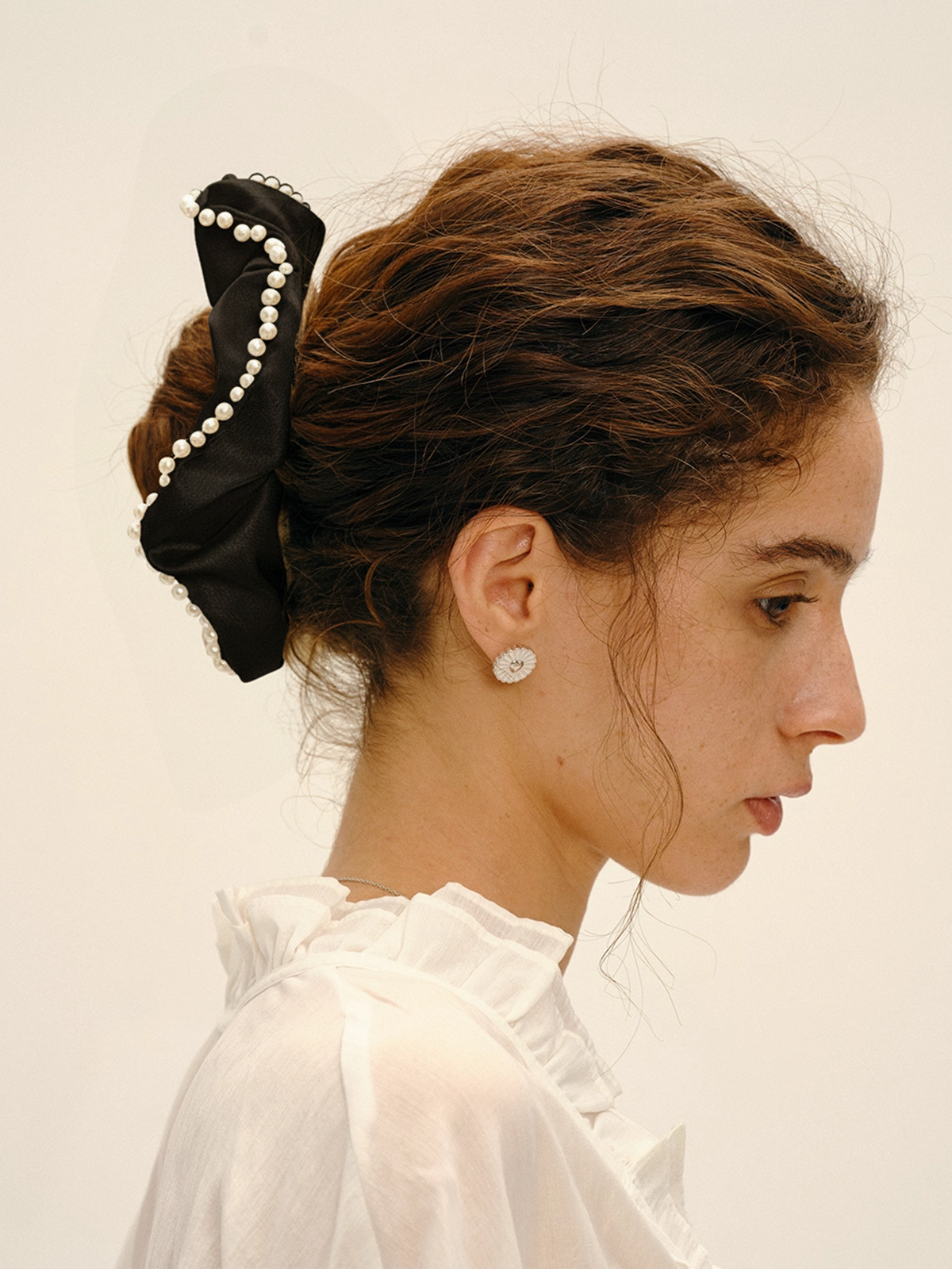 Pearl Trim Satin Scrunchie-Chicvia