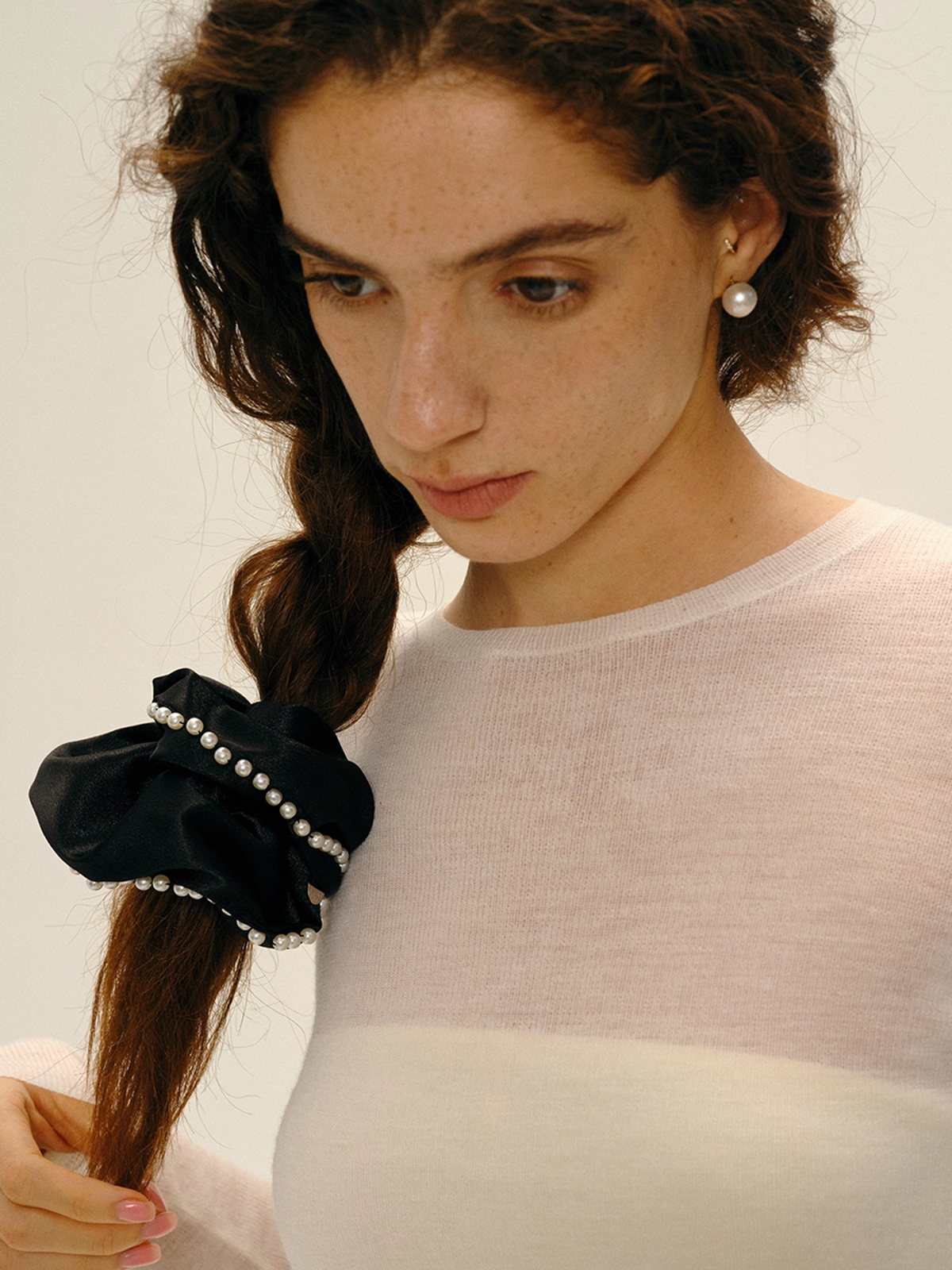 Pearl Trim Satin Scrunchie-Chicvia