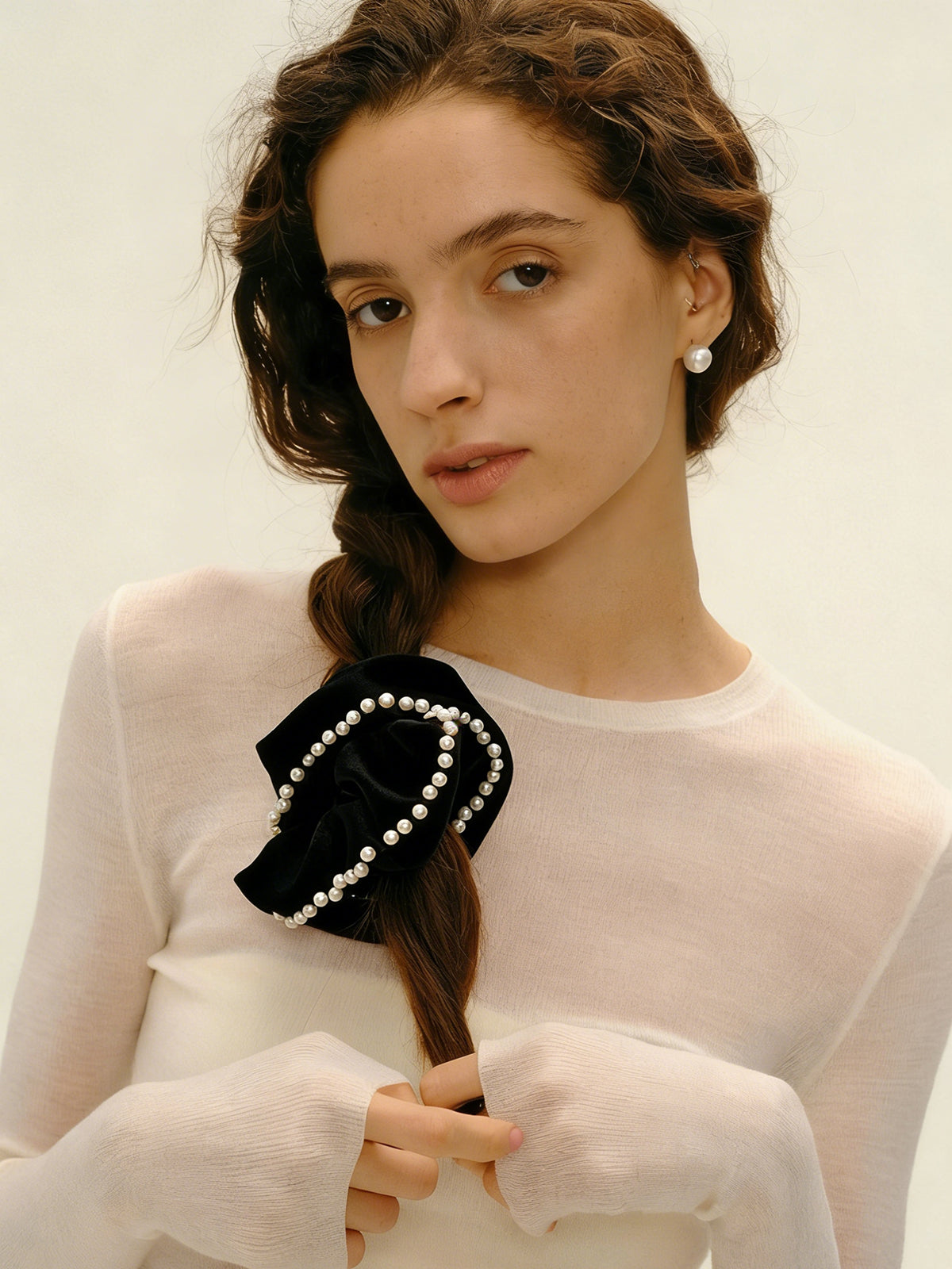 Pearl Trim Satin Scrunchie-Chicvia