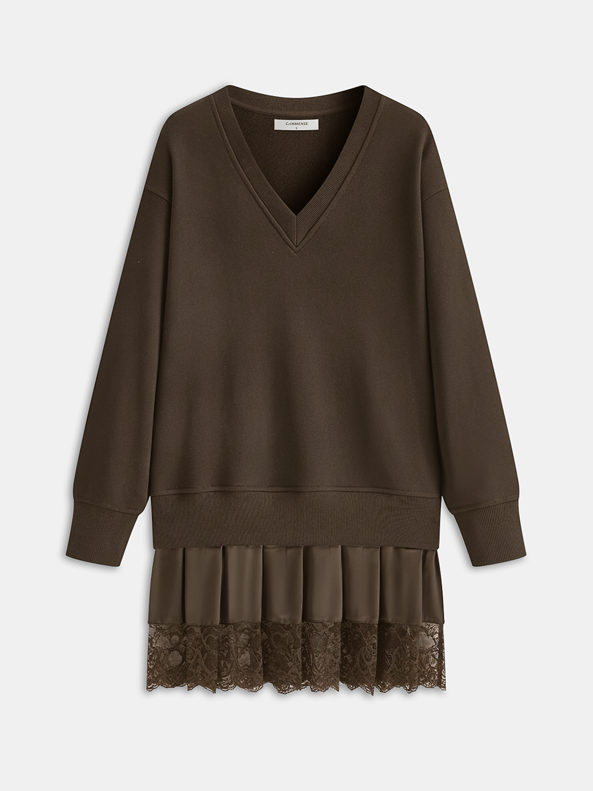 Pleated Hem Lace-Trimmed Sweatshirt Dress-Chicvia