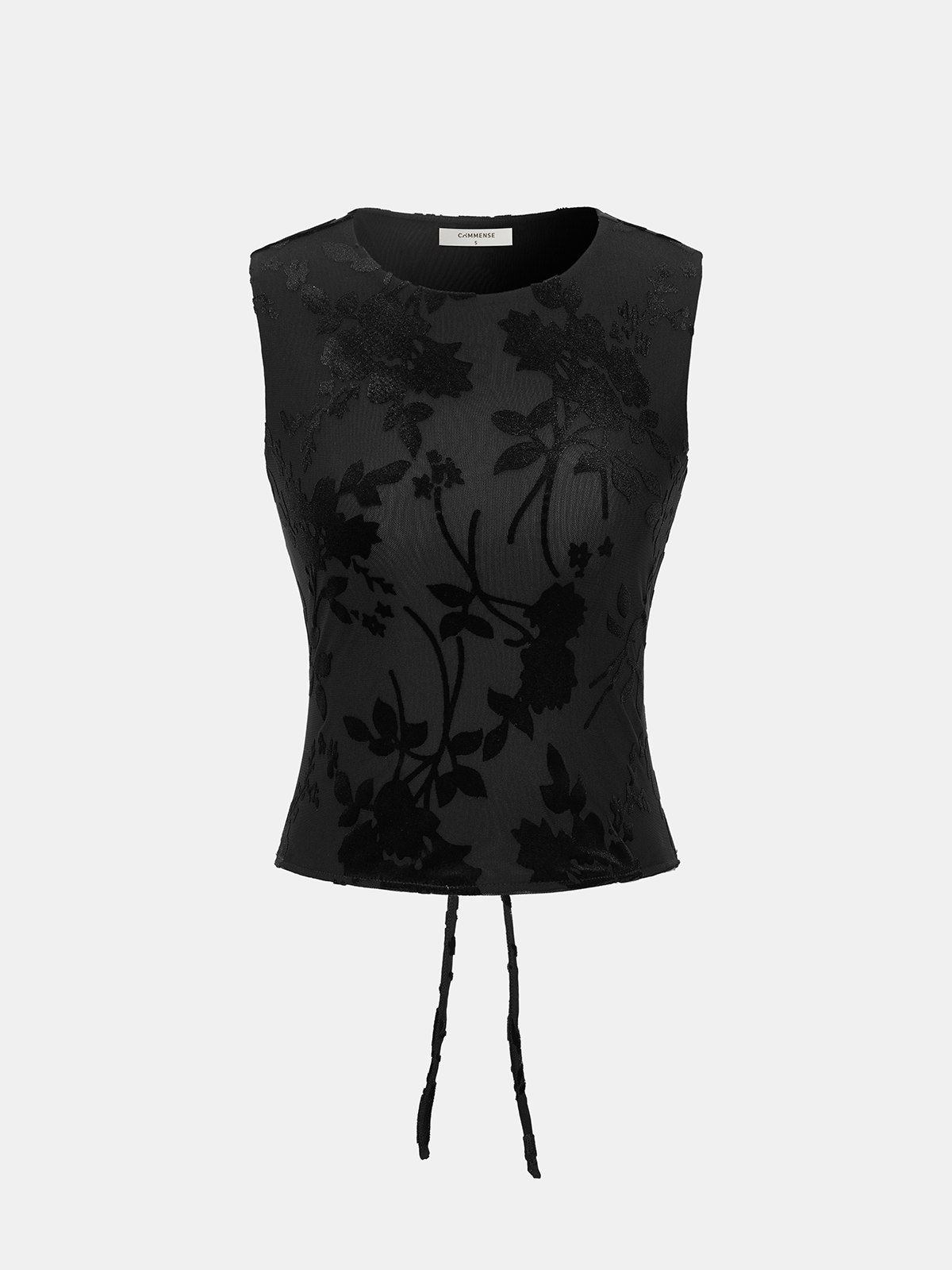 Flocked Floral Tie-Back Mesh Sleeveless Top-Chicvia