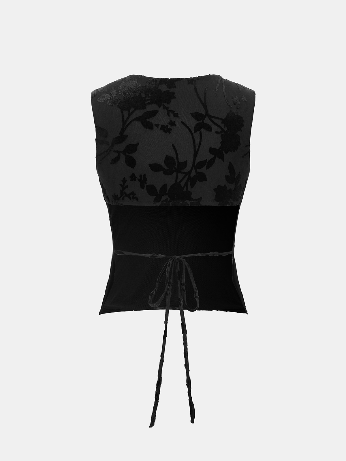 Flocked Floral Tie-Back Mesh Sleeveless Top-Chicvia