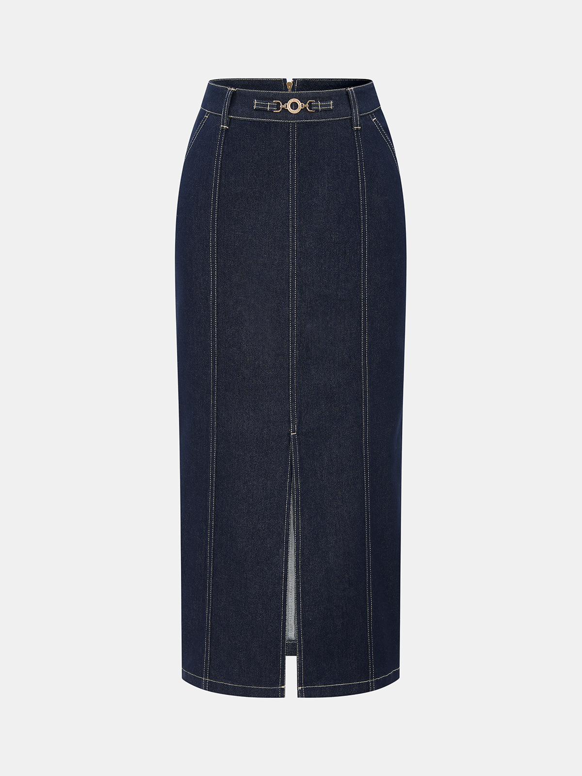 Denim Mid-Waist Split Midi Skirt-Chicvia