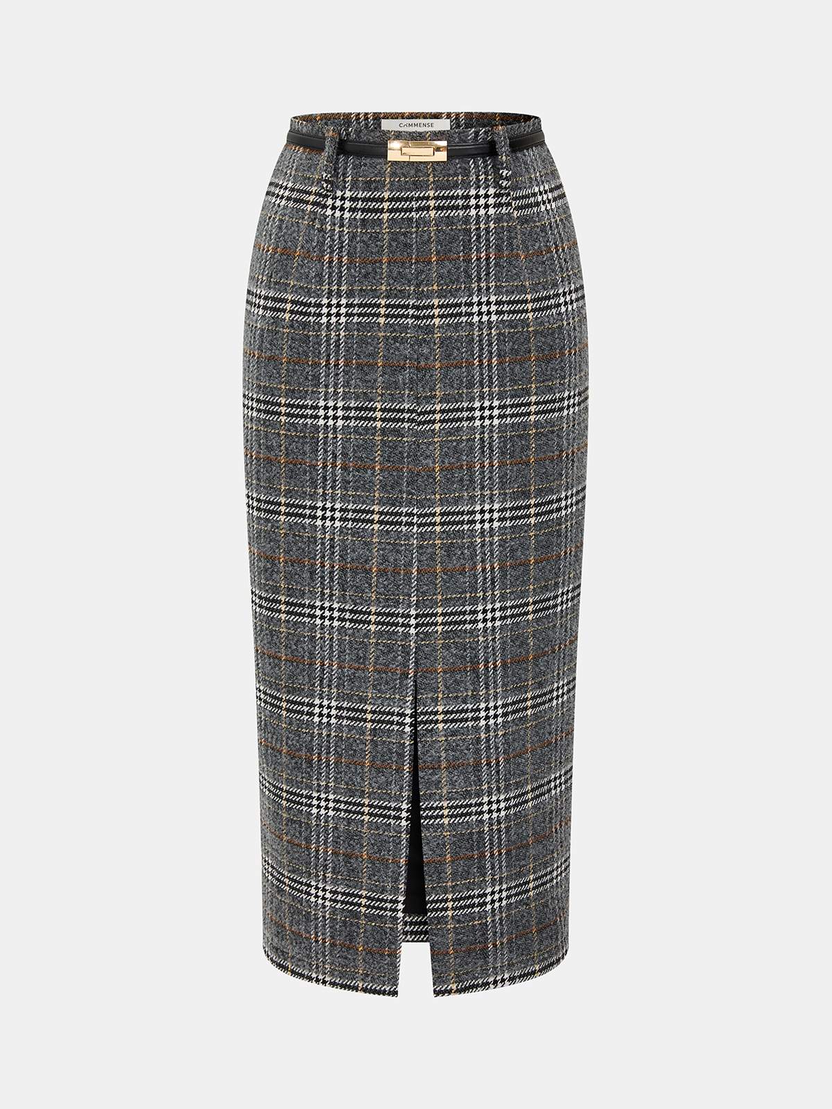 Belted Tweed Plaid Midi Skirt-Chicvia