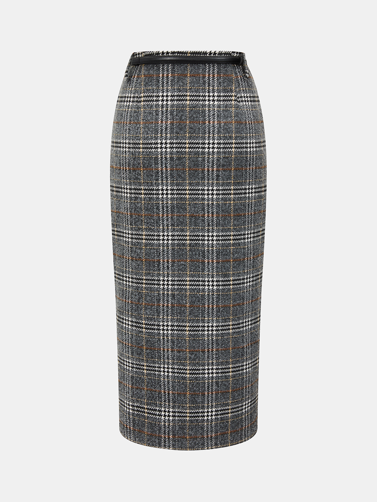 Belted Tweed Plaid Midi Skirt-Chicvia