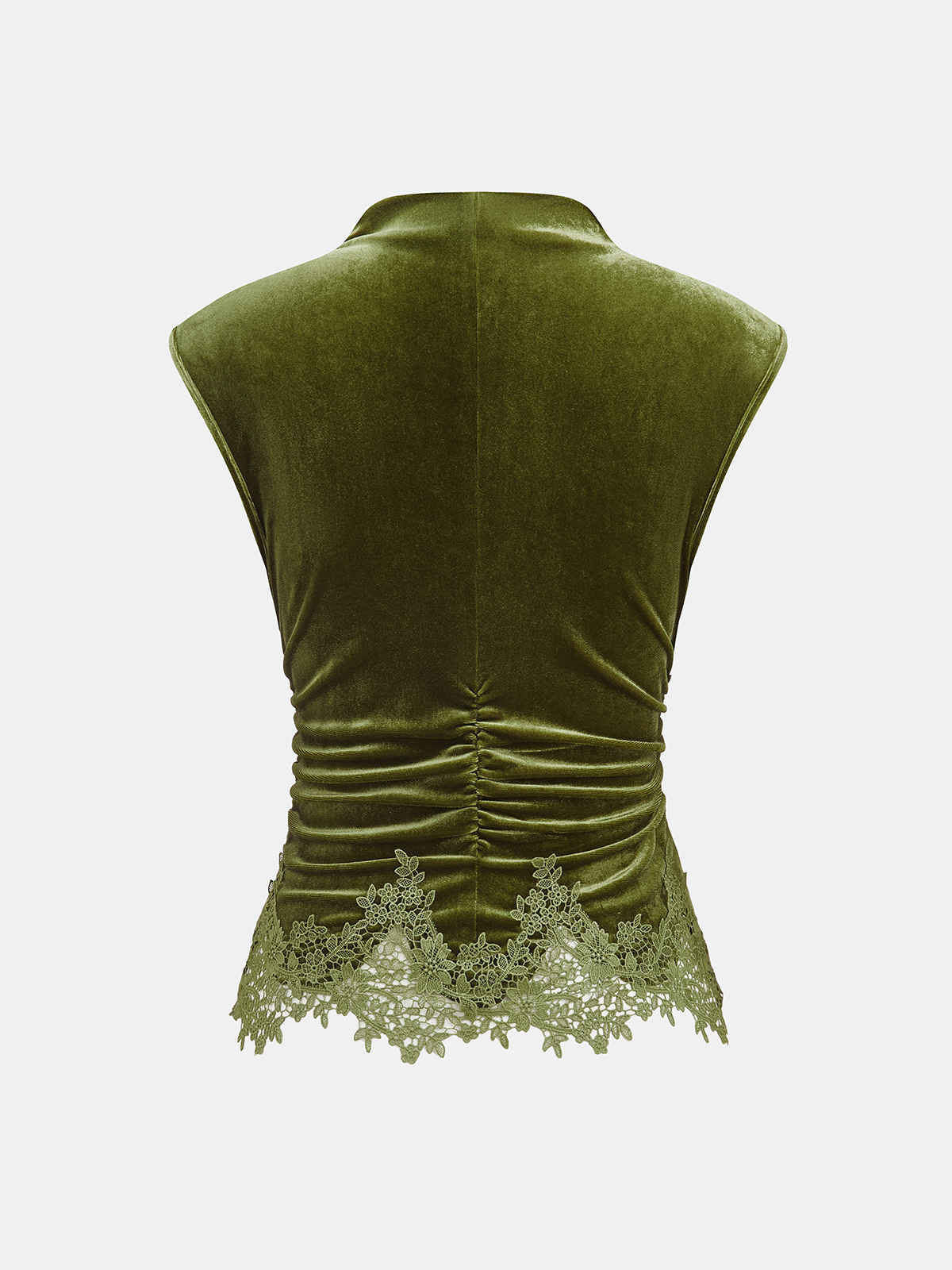 Lace Hem Ruched Velvet Sleeveless Top-Chicvia