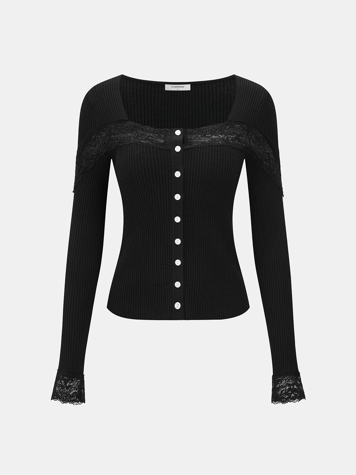 Lace Panel Square Neck Ribbed Knit Top-Chicvia