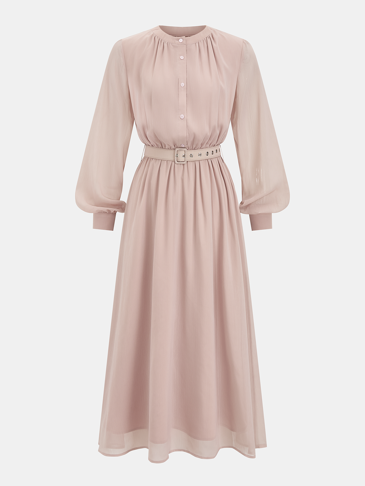 Lantern Sleeve Belted Chiffon Maxi Dress-Chicvia