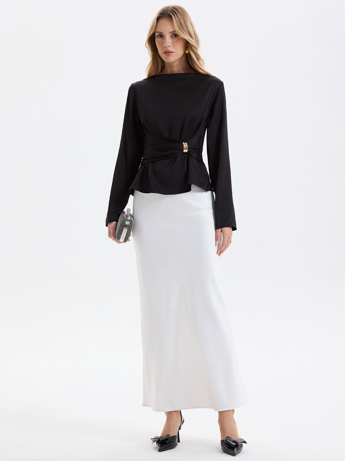 Metal Detail Ruched Waist Satin Blouse-Chicvia