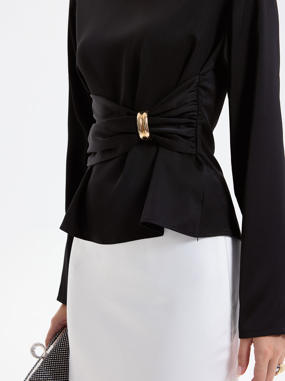 Metal Detail Ruched Waist Satin Blouse-Chicvia