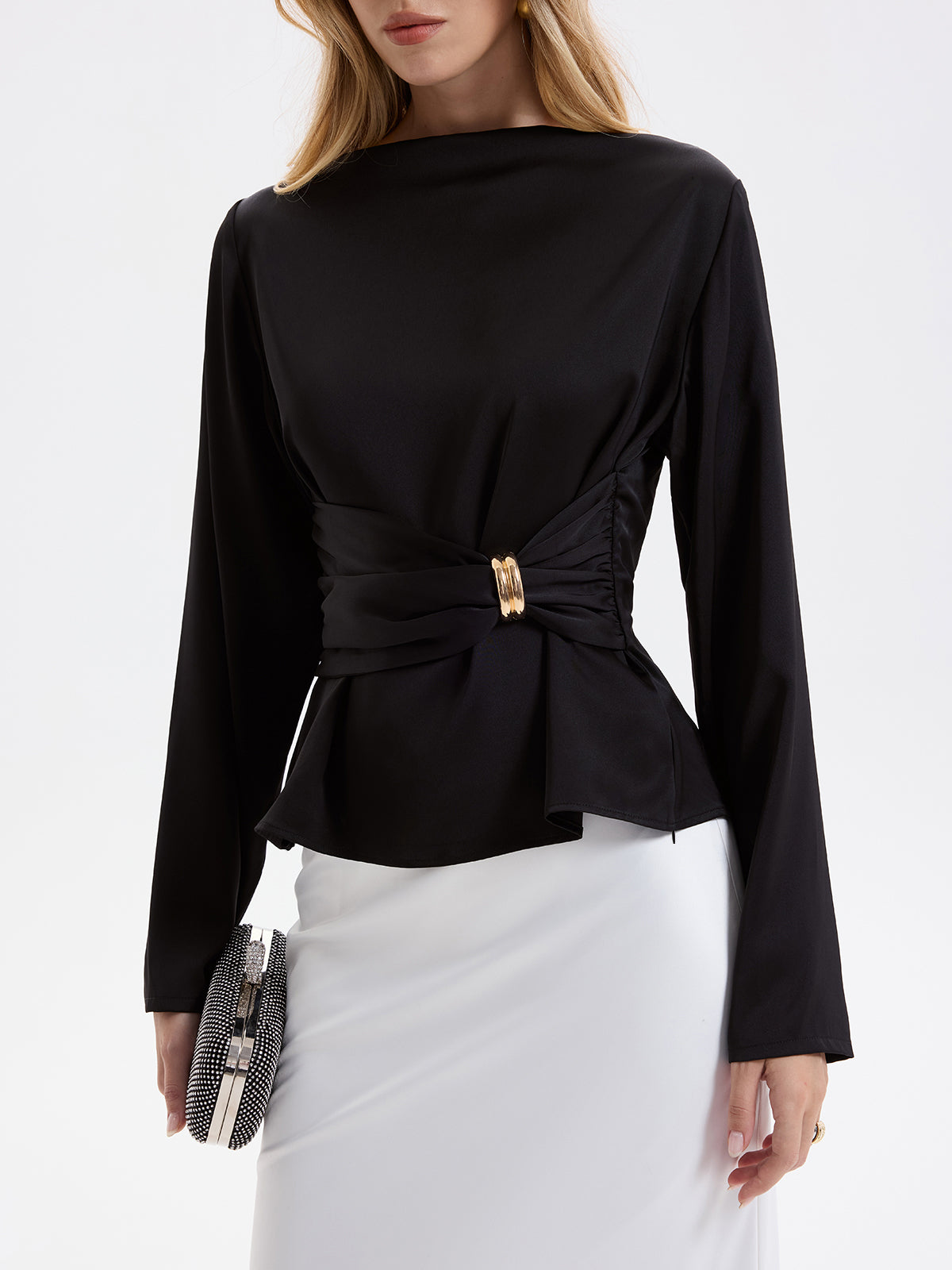 Metal Detail Ruched Waist Satin Blouse-Chicvia
