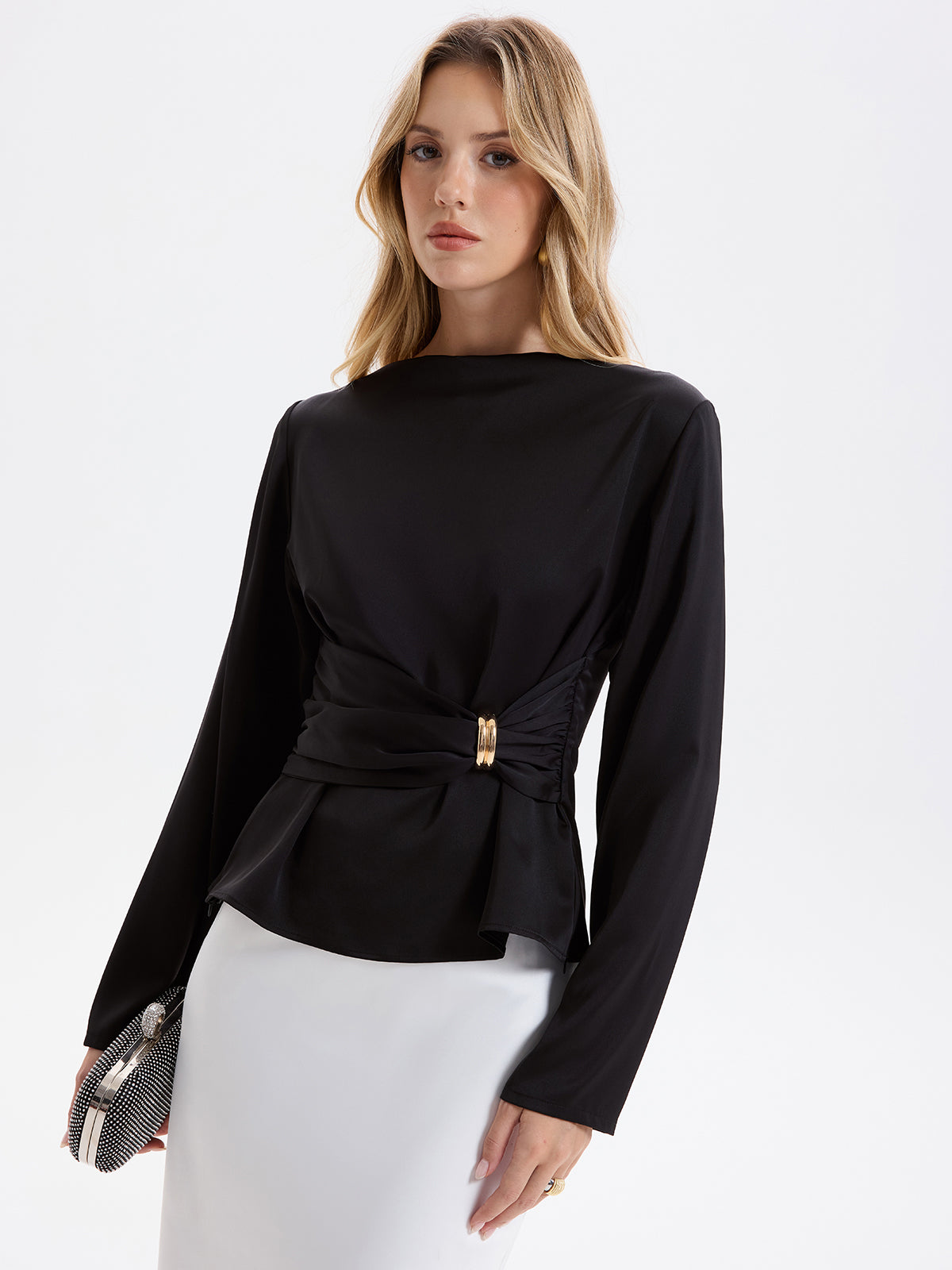 Metal Detail Ruched Waist Satin Blouse-Chicvia
