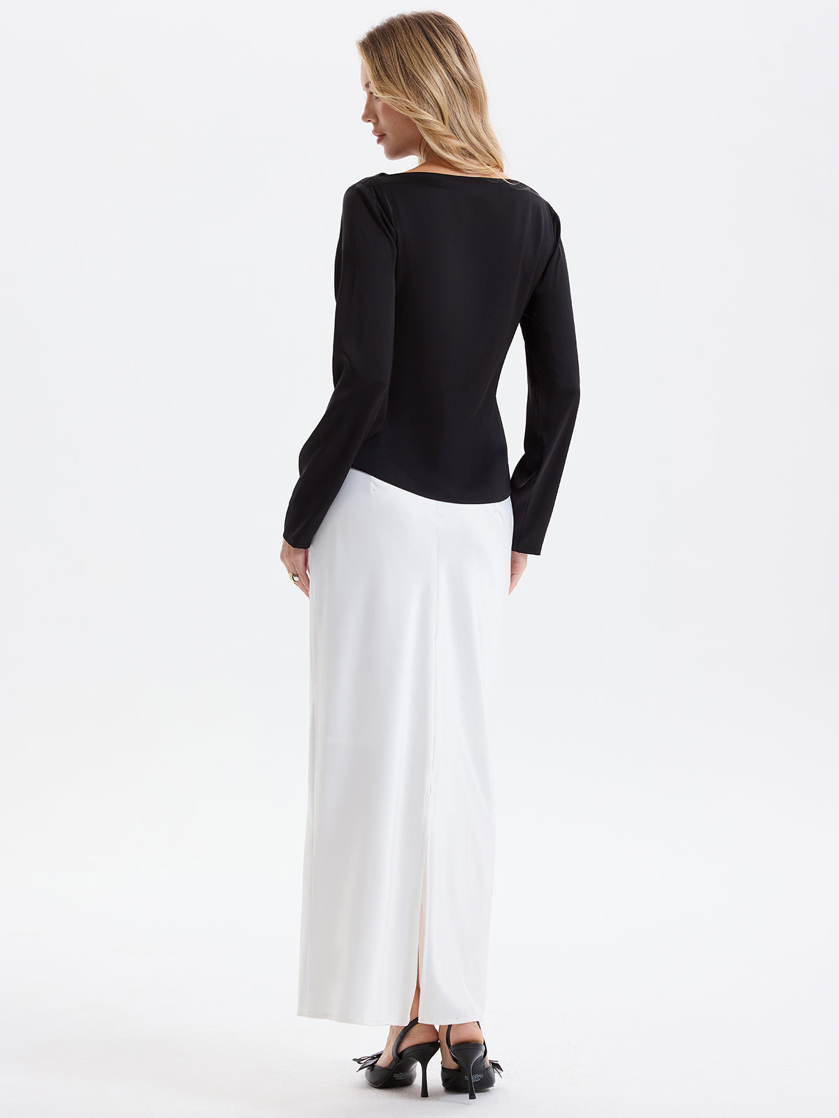 Metal Detail Ruched Waist Satin Blouse-Chicvia