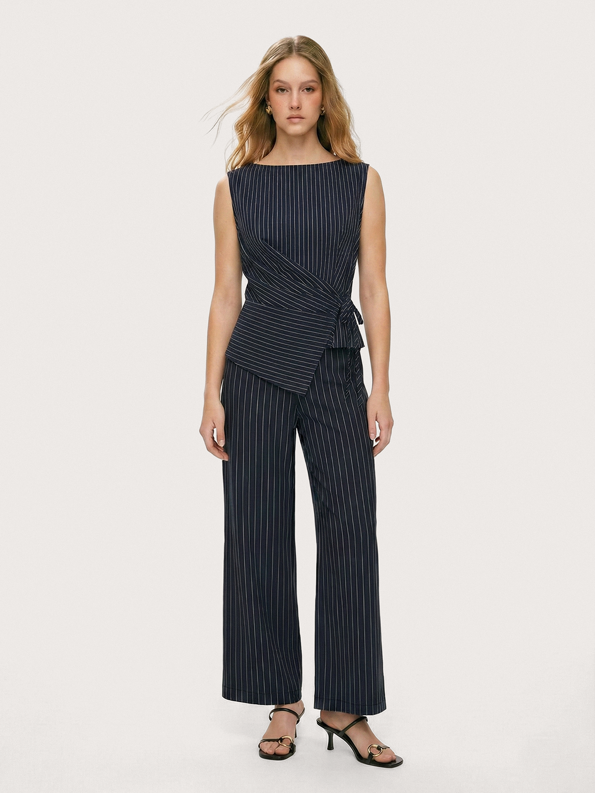 Pinstripe Wrap Top & Wide-Leg Pants Set-Chicvia