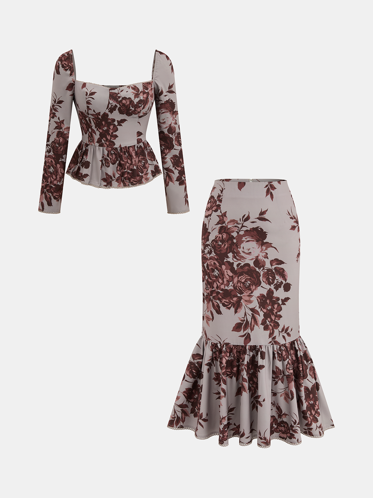 Floral Print Peplum Top & Mermaid Skirt Set-Chicvia