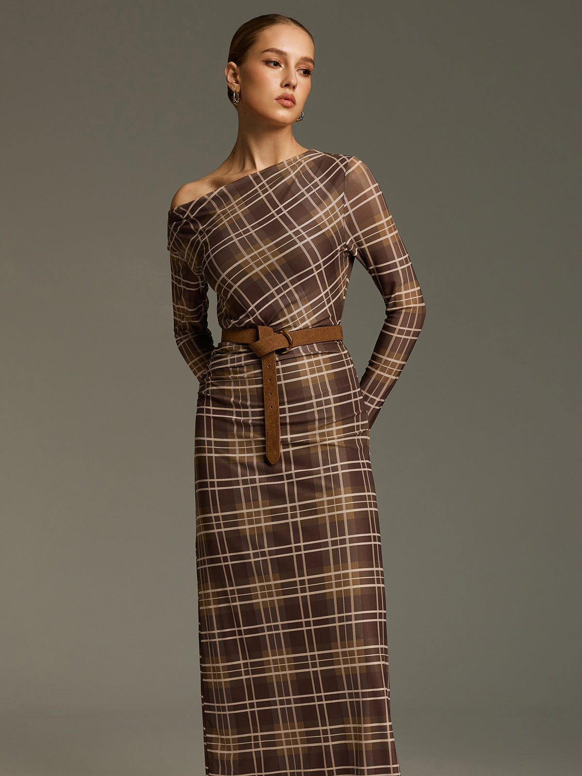 Plaid Mesh Off-Shoulder Maxi Dress without Belt-Chicvia