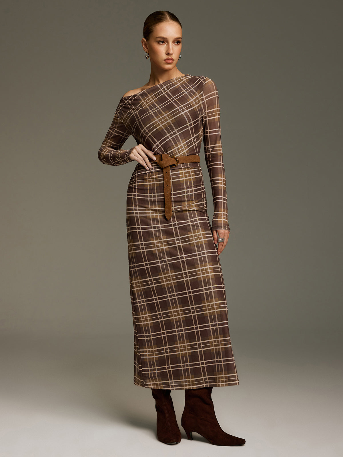 Plaid Mesh Off-Shoulder Maxi Dress without Belt-Chicvia